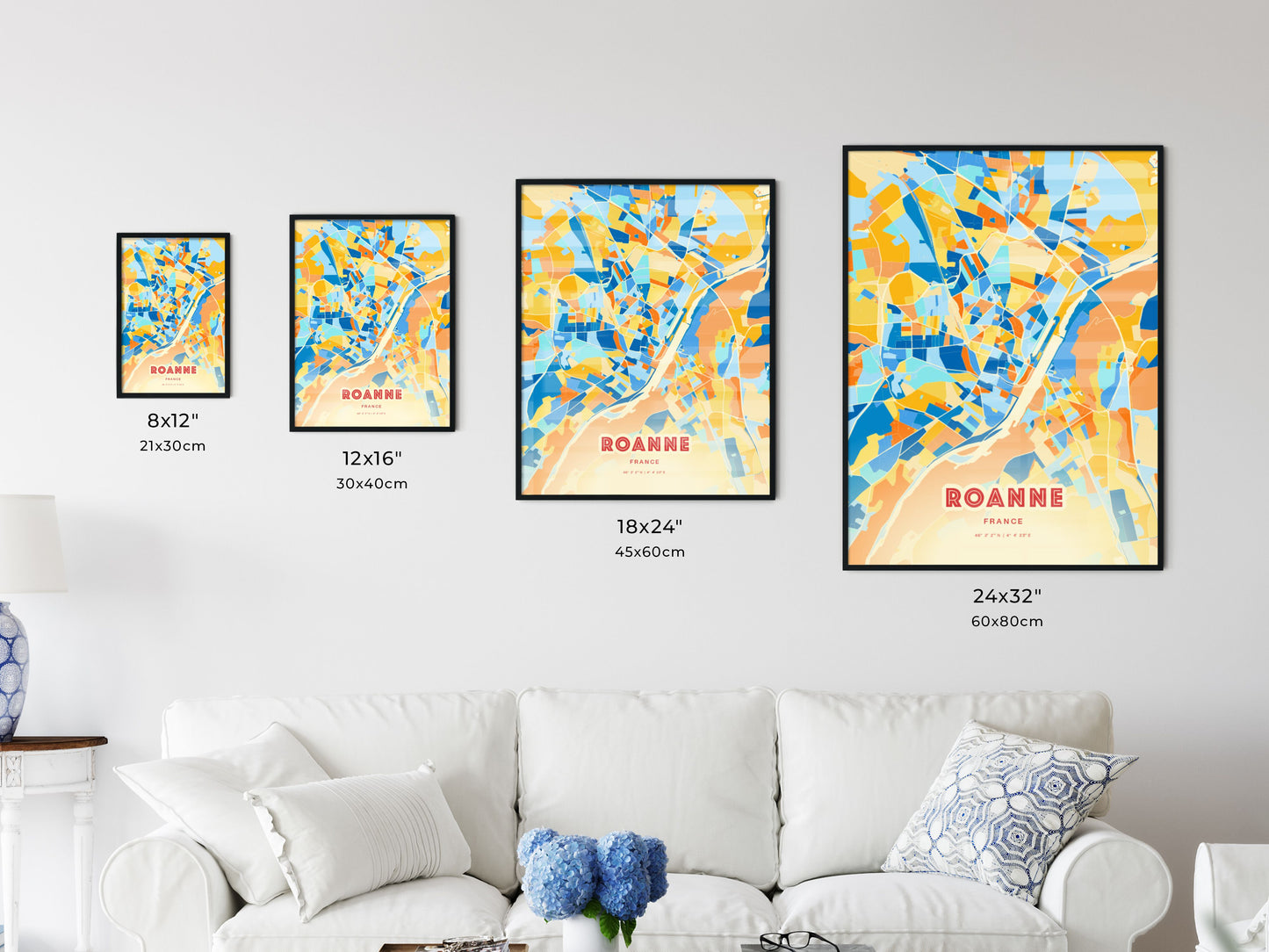 Colorful ROANNE FRANCE Fine Art Map Blue Orange