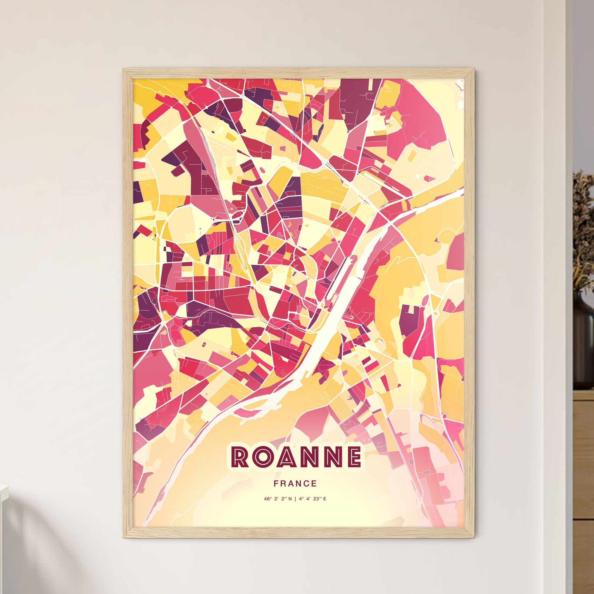 Colorful ROANNE FRANCE Fine Art Map Hot Red