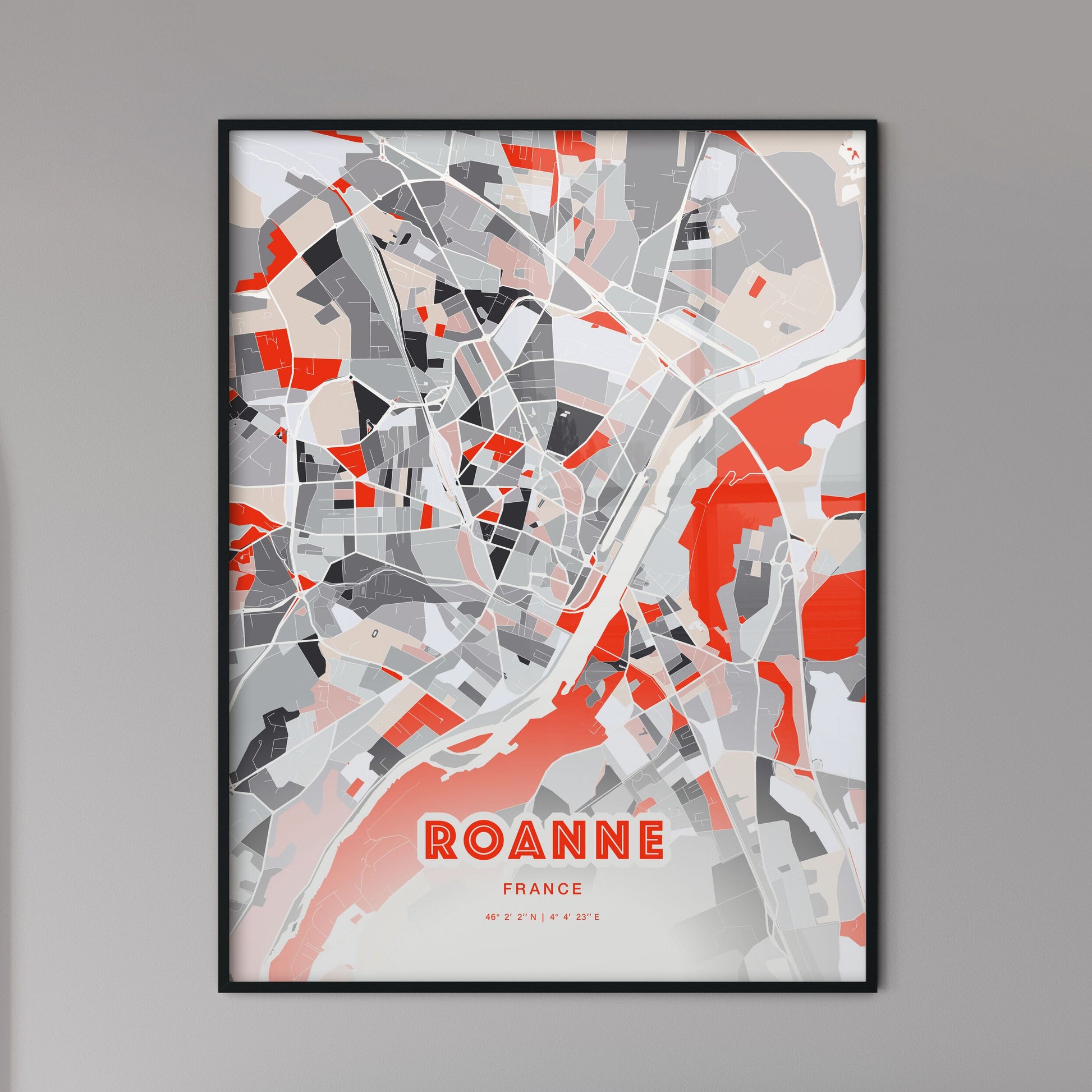 Colorful ROANNE FRANCE Fine Art Map Modern