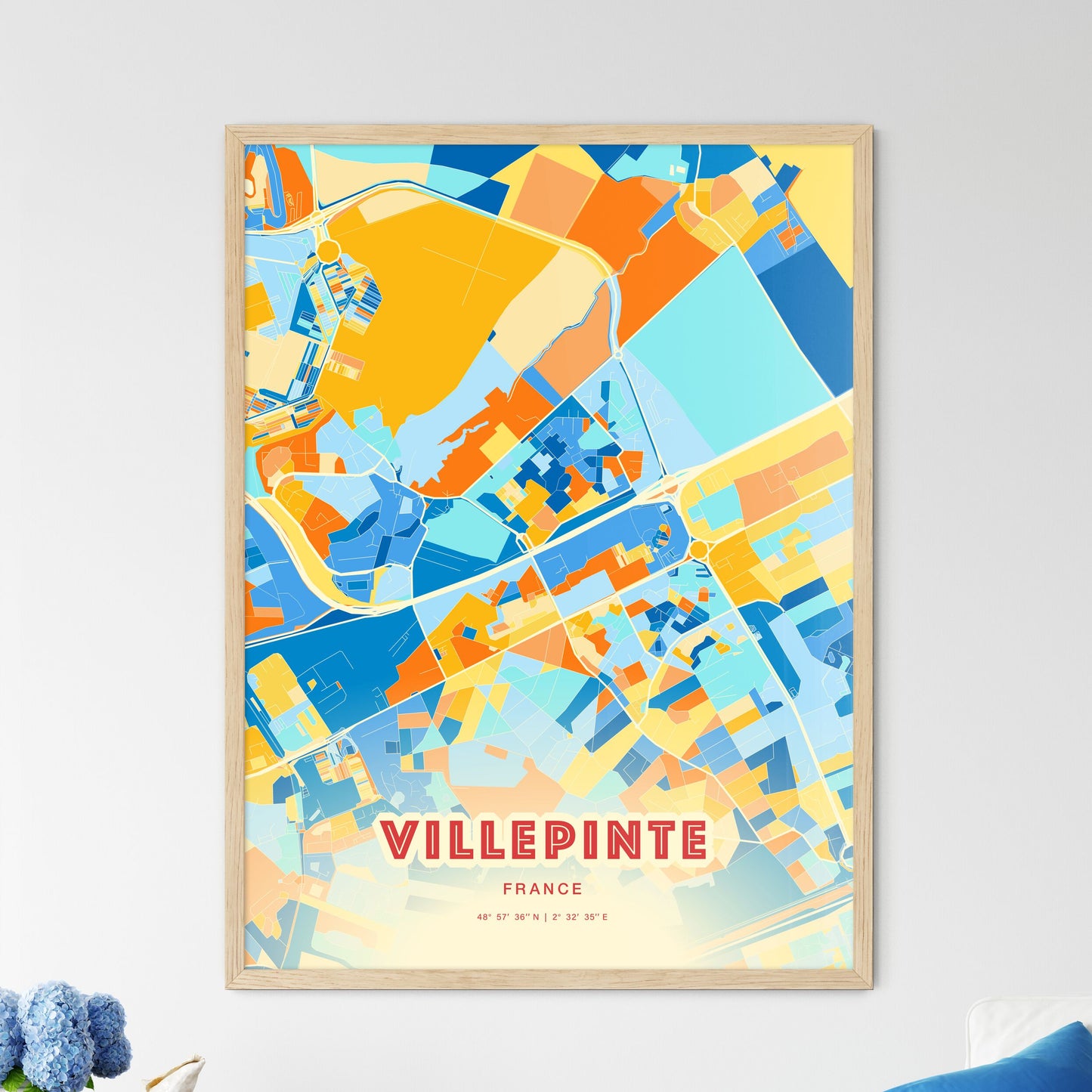 Colorful VILLEPINTE FRANCE Fine Art Map Blue Orange