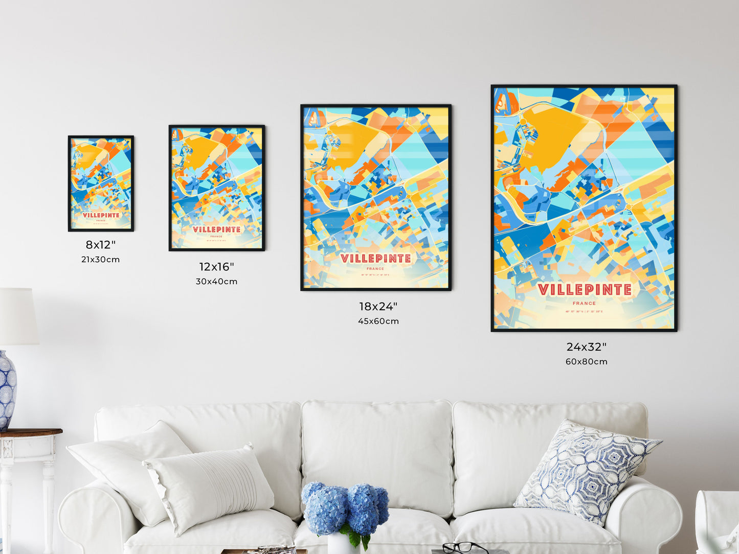 Colorful VILLEPINTE FRANCE Fine Art Map Blue Orange