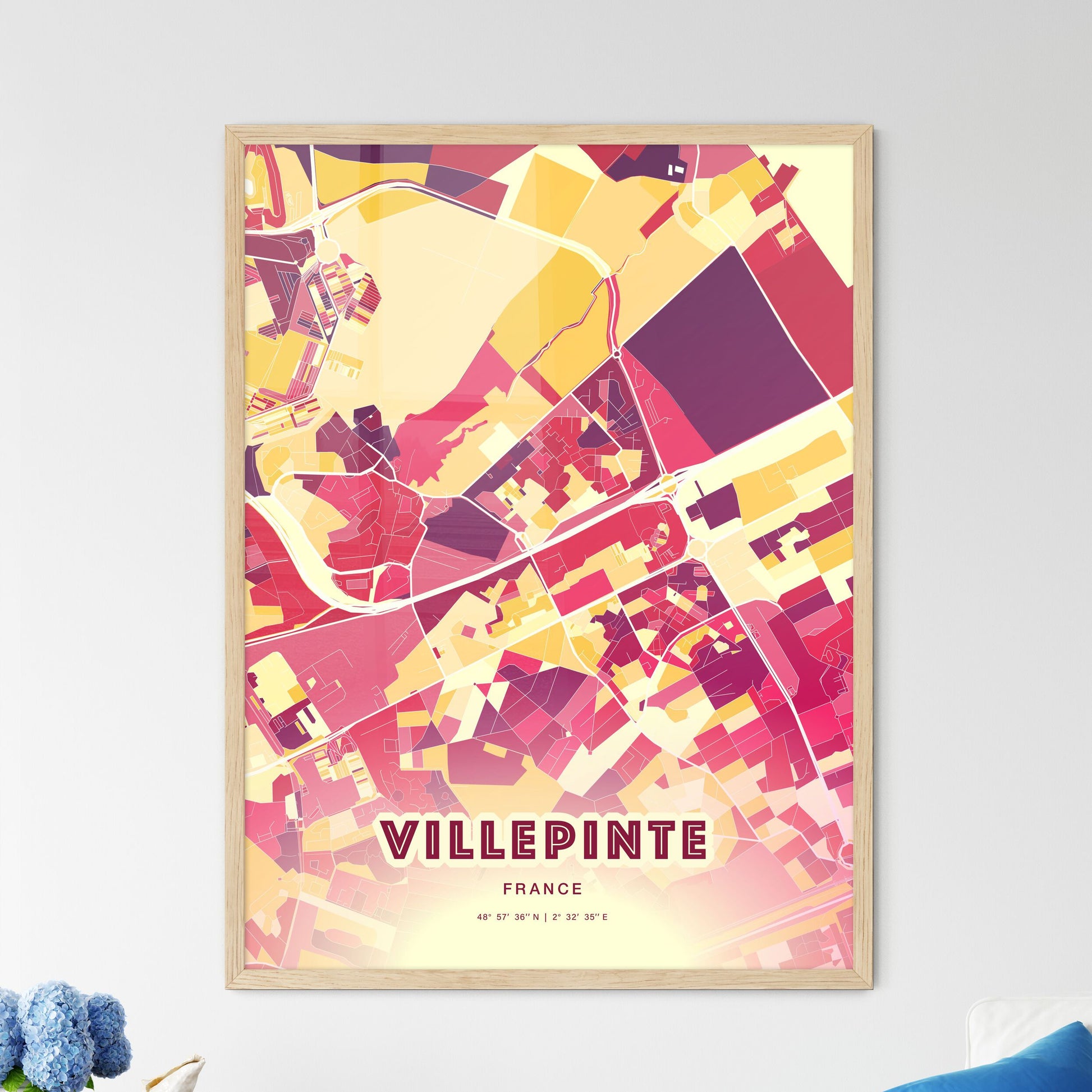 Colorful VILLEPINTE FRANCE Fine Art Map Hot Red