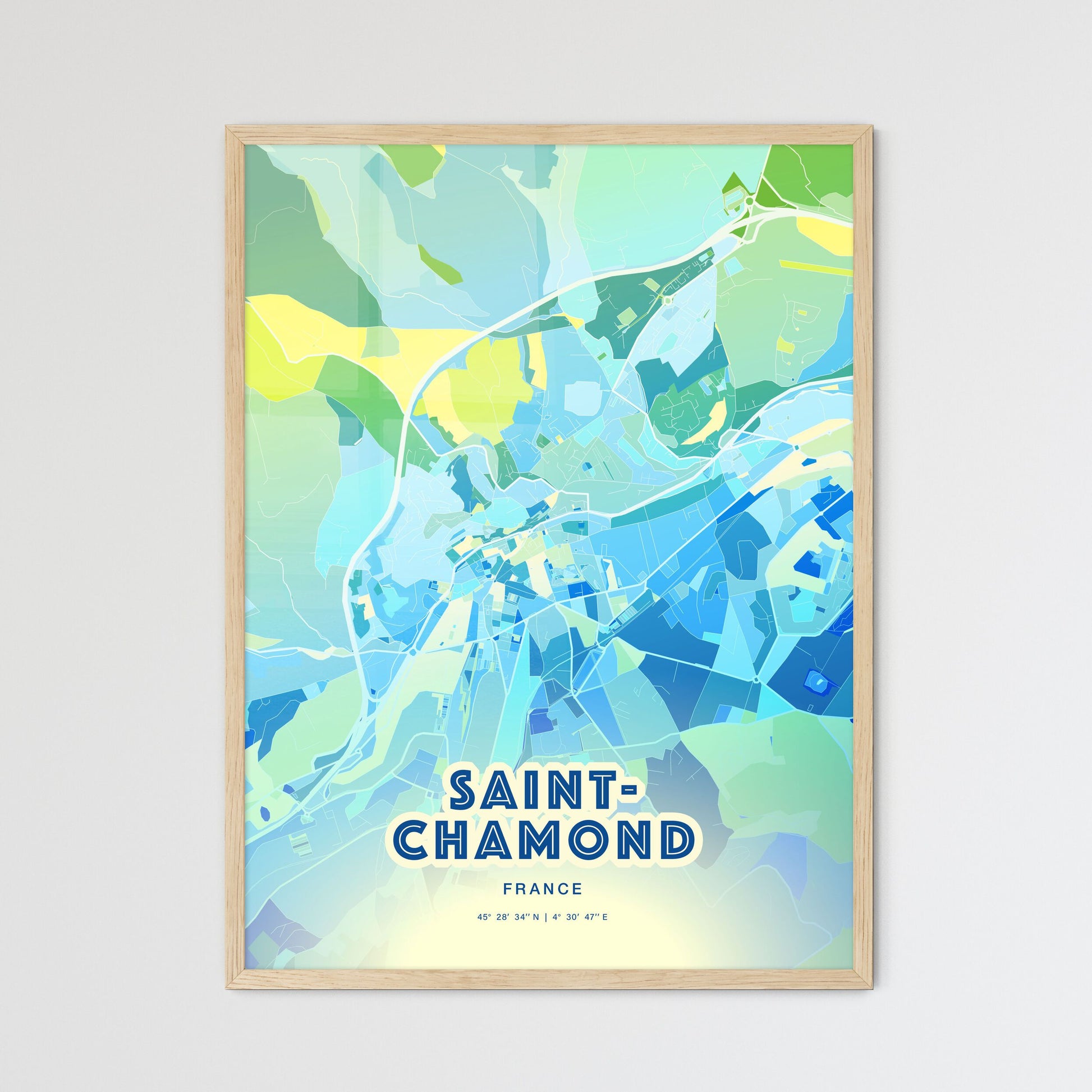 Colorful SAINT-CHAMOND FRANCE Fine Art Map Cool Blue