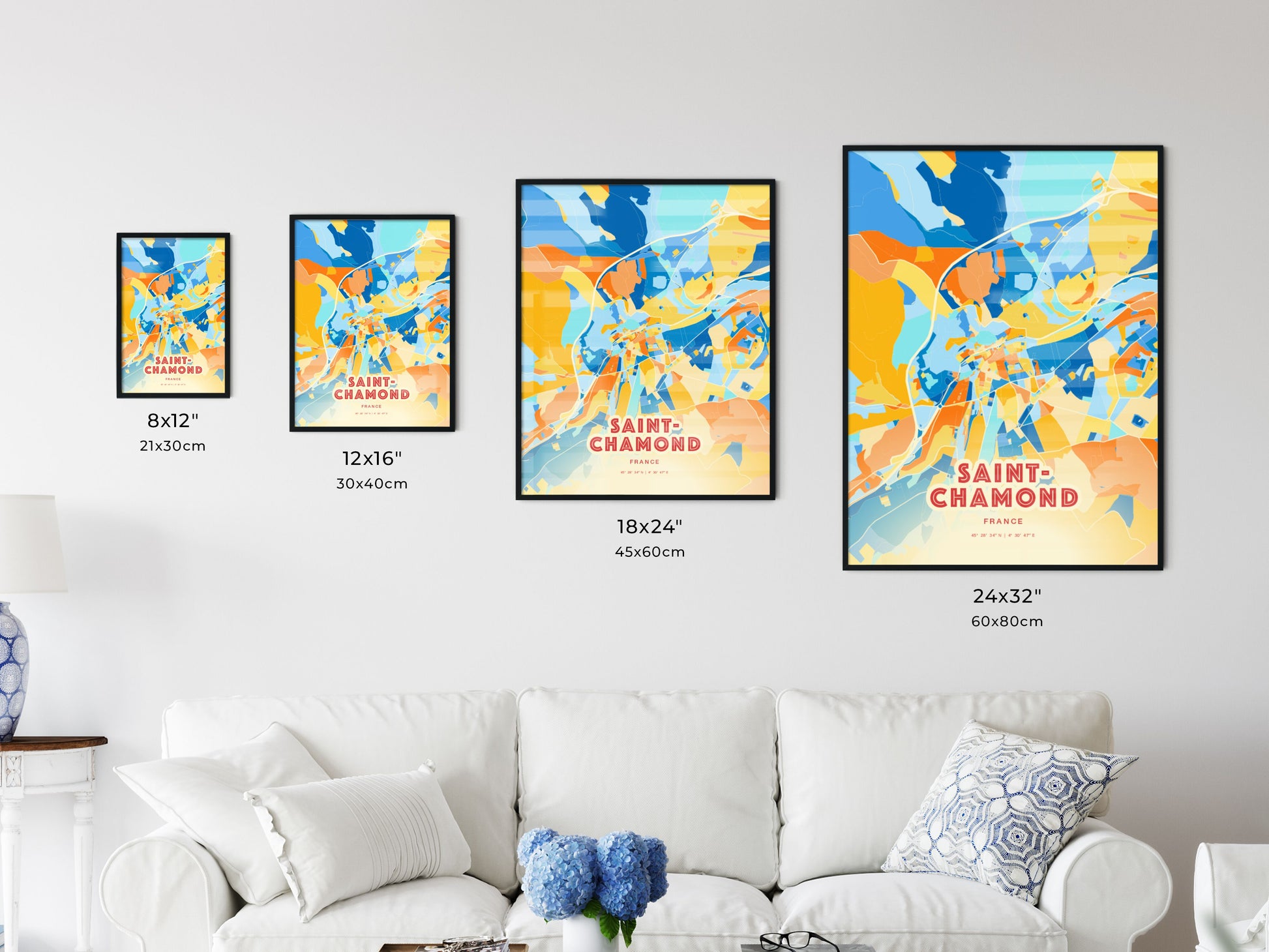 Colorful SAINT-CHAMOND FRANCE Fine Art Map Blue Orange