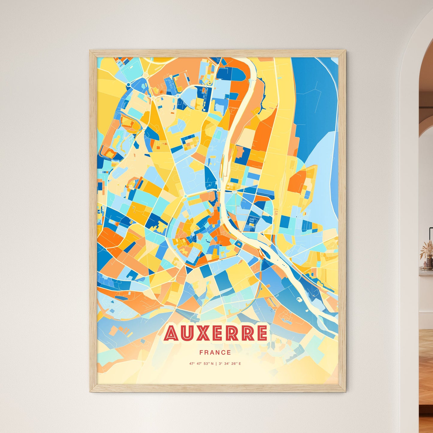 Colorful AUXERRE FRANCE Fine Art Map Blue Orange