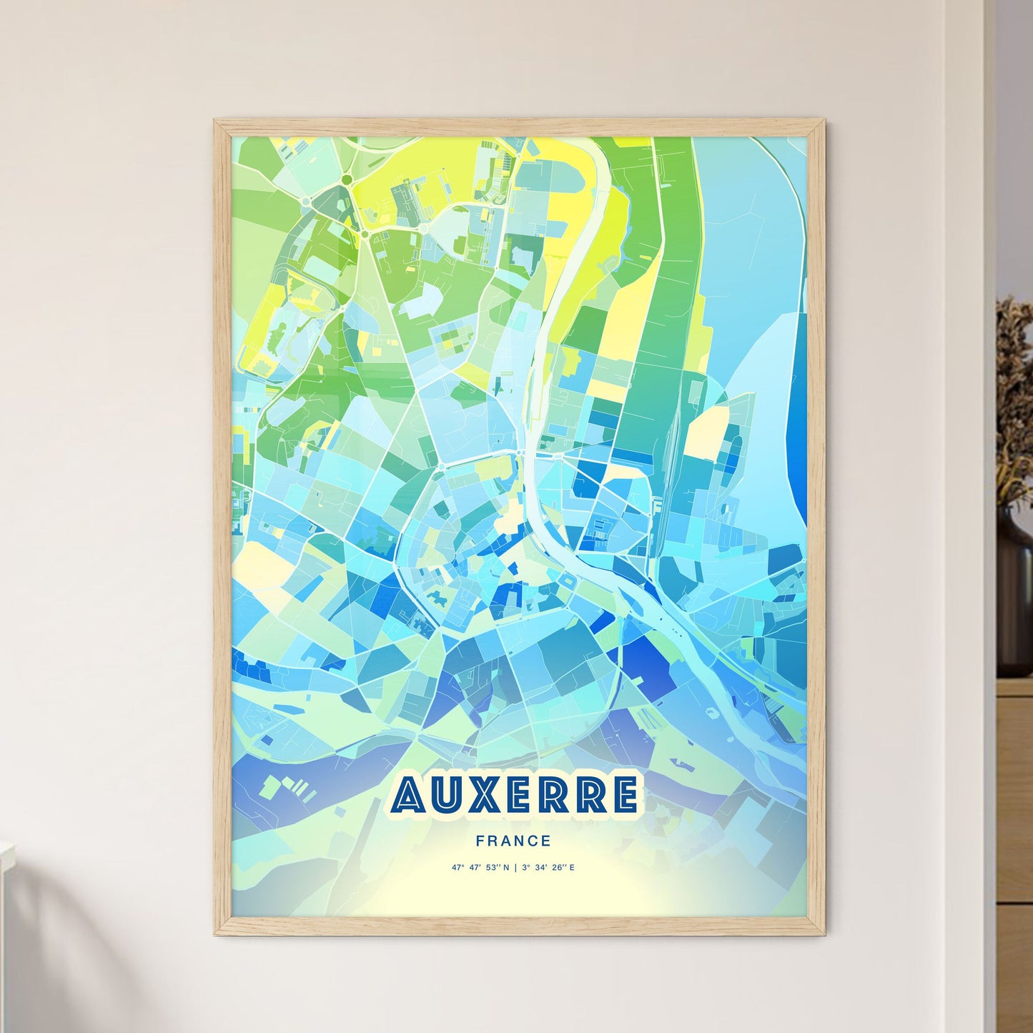 Colorful AUXERRE FRANCE Fine Art Map Cool Blue