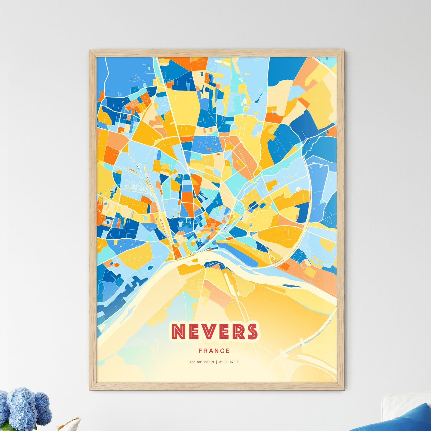 Colorful NEVERS FRANCE Fine Art Map Blue Orange