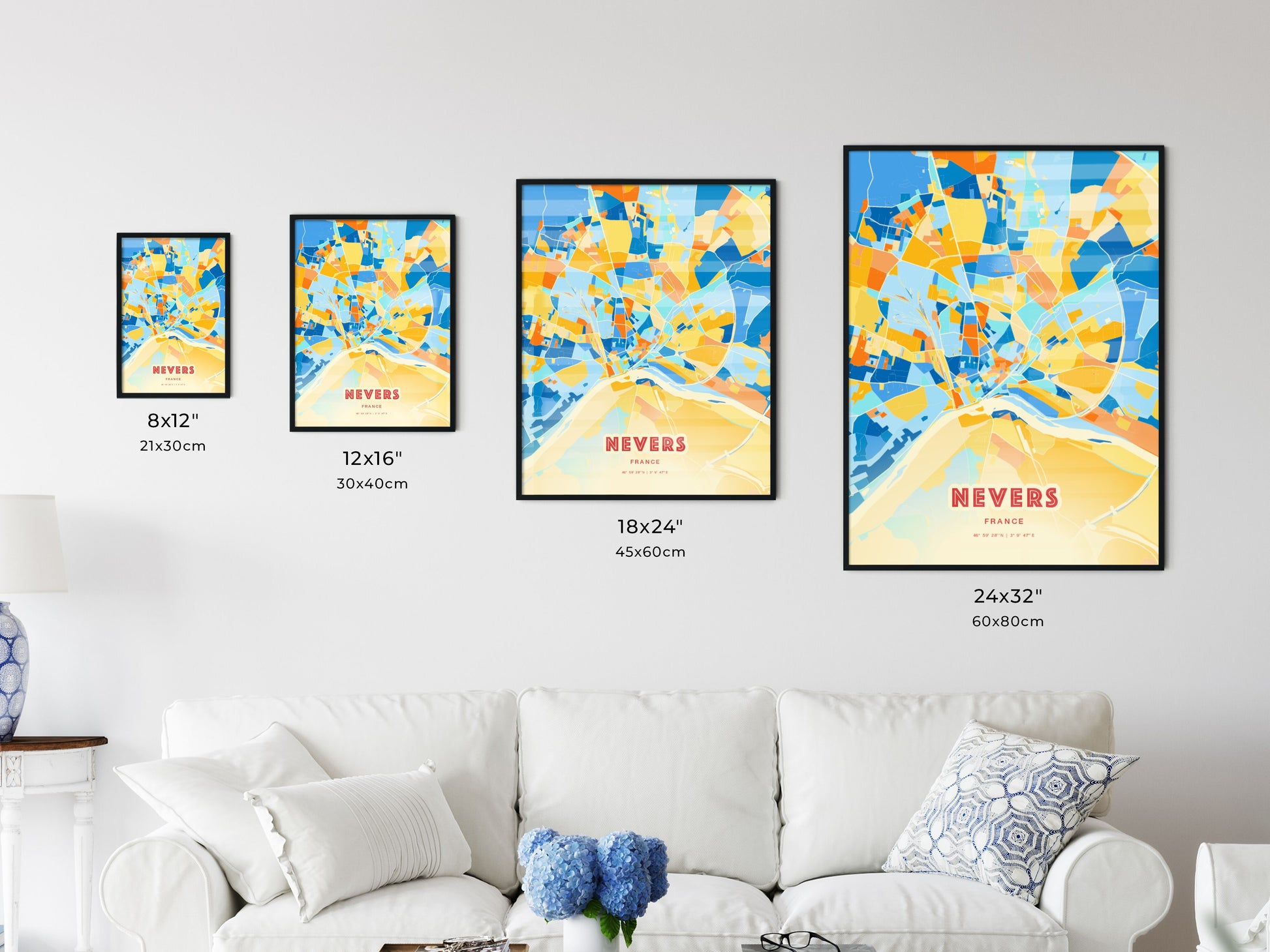 Colorful NEVERS FRANCE Fine Art Map Blue Orange