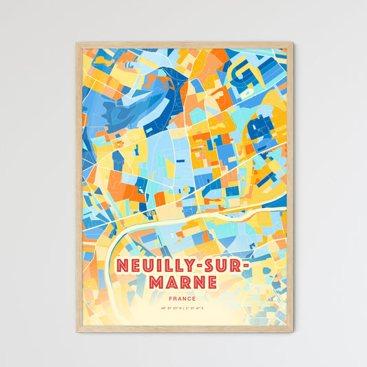 Colorful NEUILLY-SUR-MARNE FRANCE Fine Art Map Blue Orange