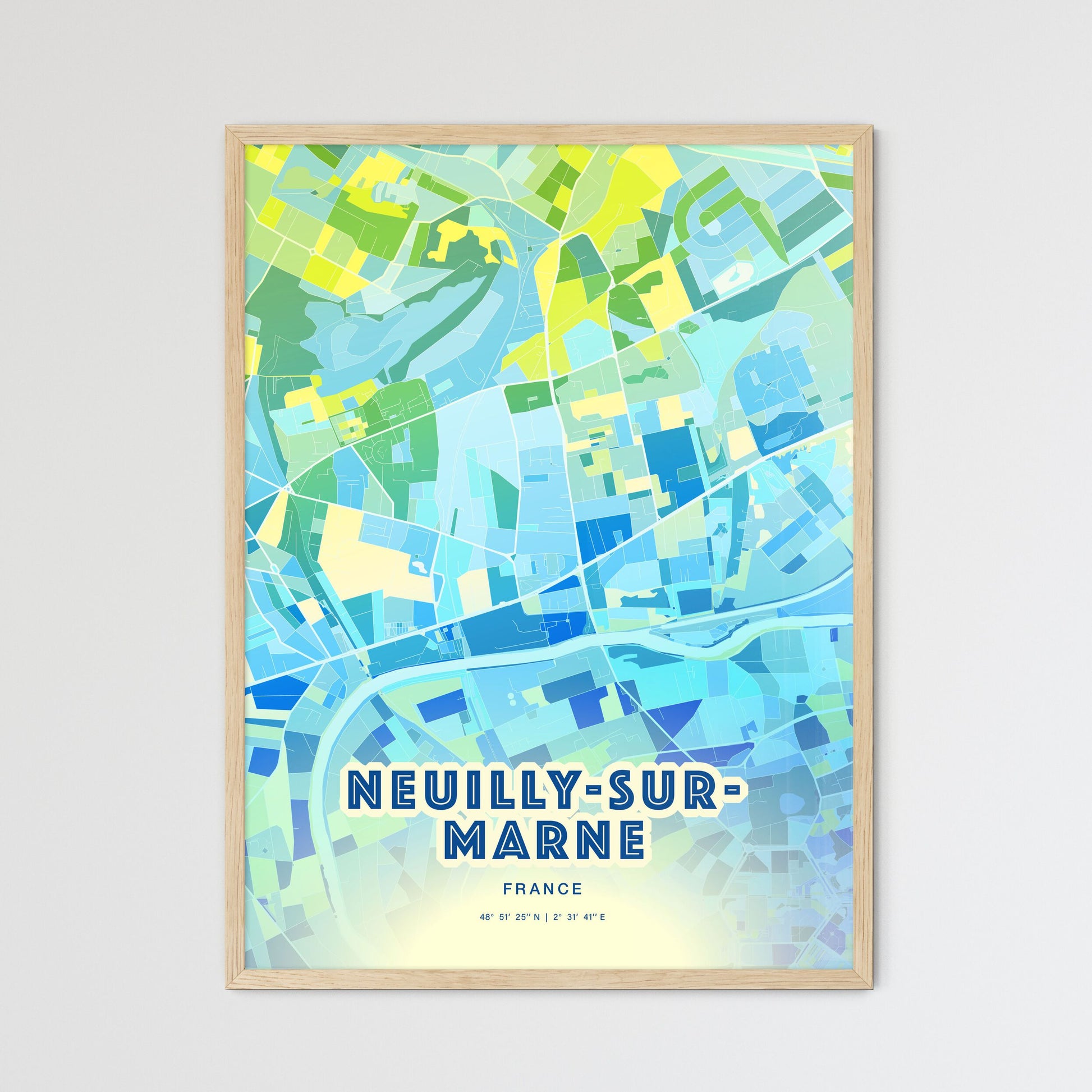 Colorful NEUILLY-SUR-MARNE FRANCE Fine Art Map Cool Blue