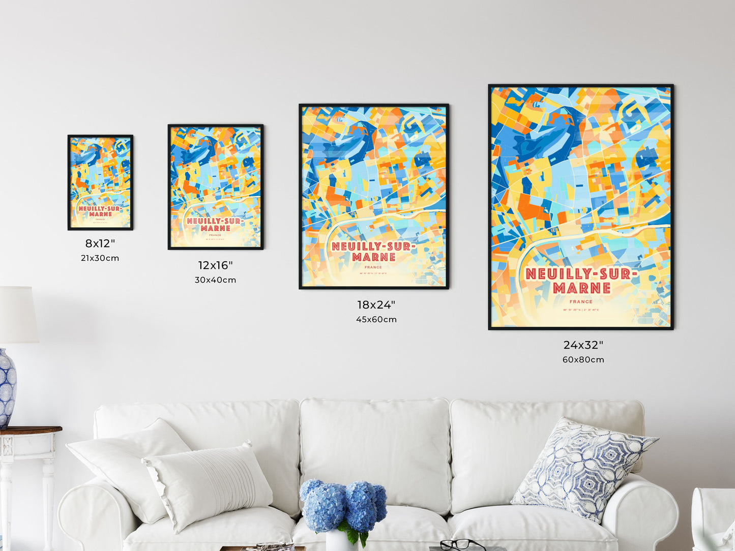 Colorful NEUILLY-SUR-MARNE FRANCE Fine Art Map Blue Orange