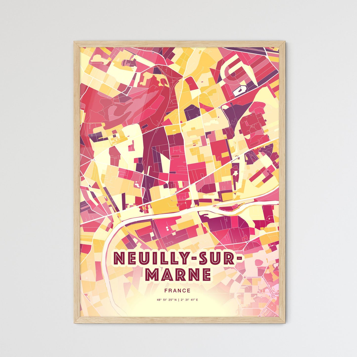 Colorful NEUILLY-SUR-MARNE FRANCE Fine Art Map Hot Red