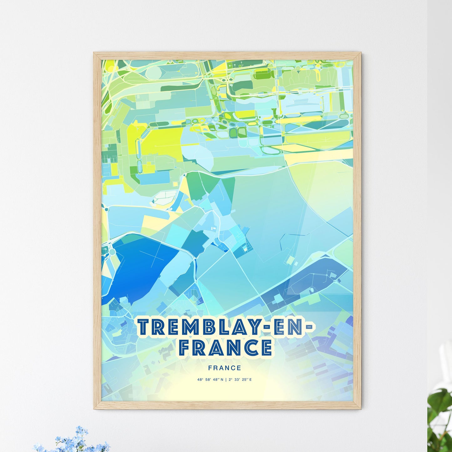 Colorful TREMBLAY-EN-FRANCE FRANCE Fine Art Map Cool Blue