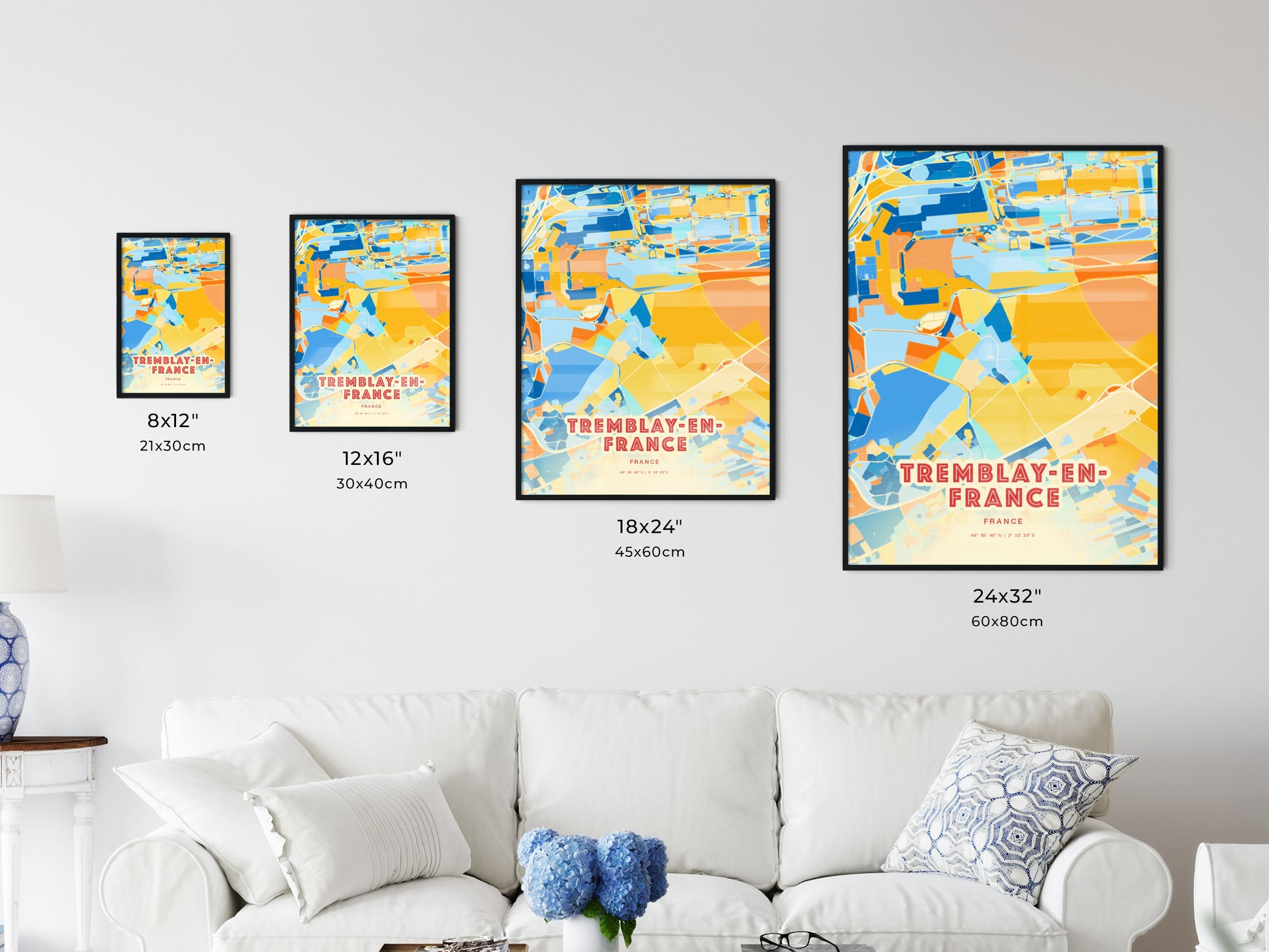 Colorful TREMBLAY-EN-FRANCE FRANCE Fine Art Map Blue Orange