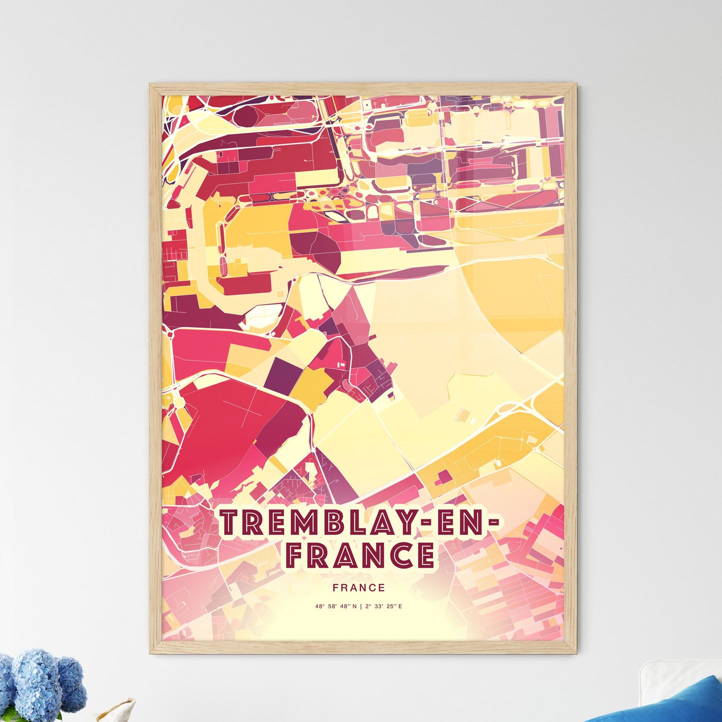 Colorful TREMBLAY-EN-FRANCE FRANCE Fine Art Map Hot Red