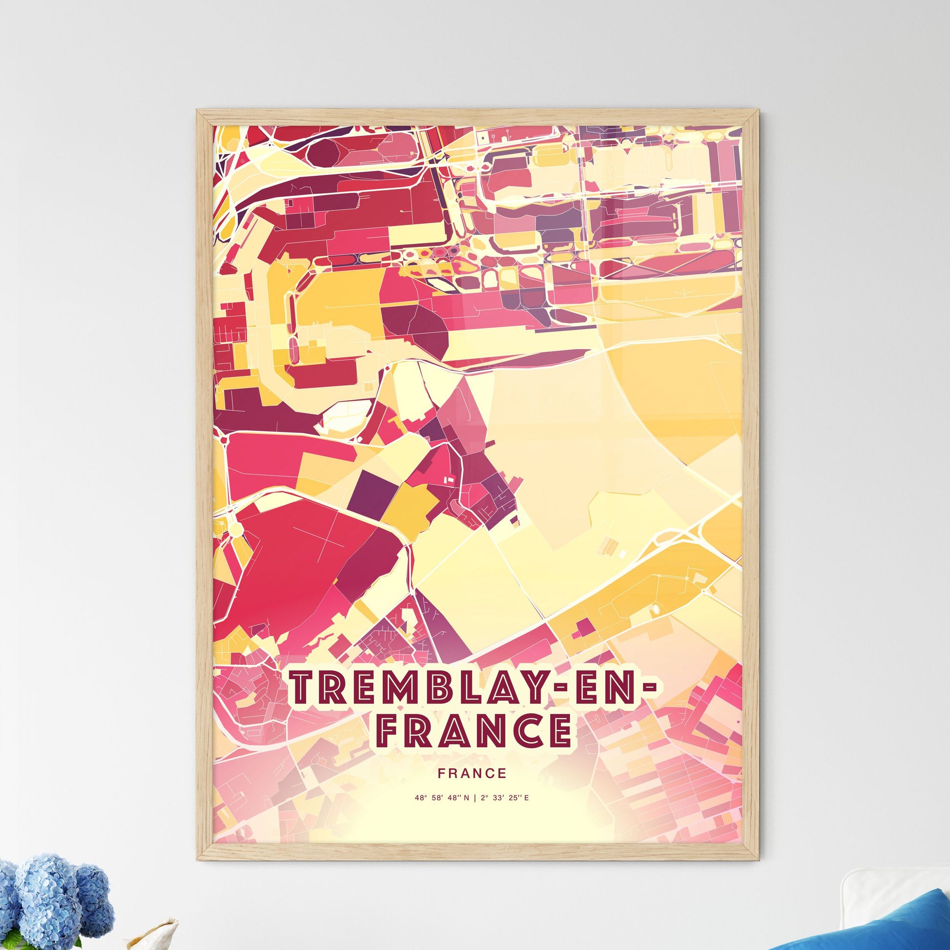 Colorful TREMBLAY-EN-FRANCE FRANCE Fine Art Map Hot Red