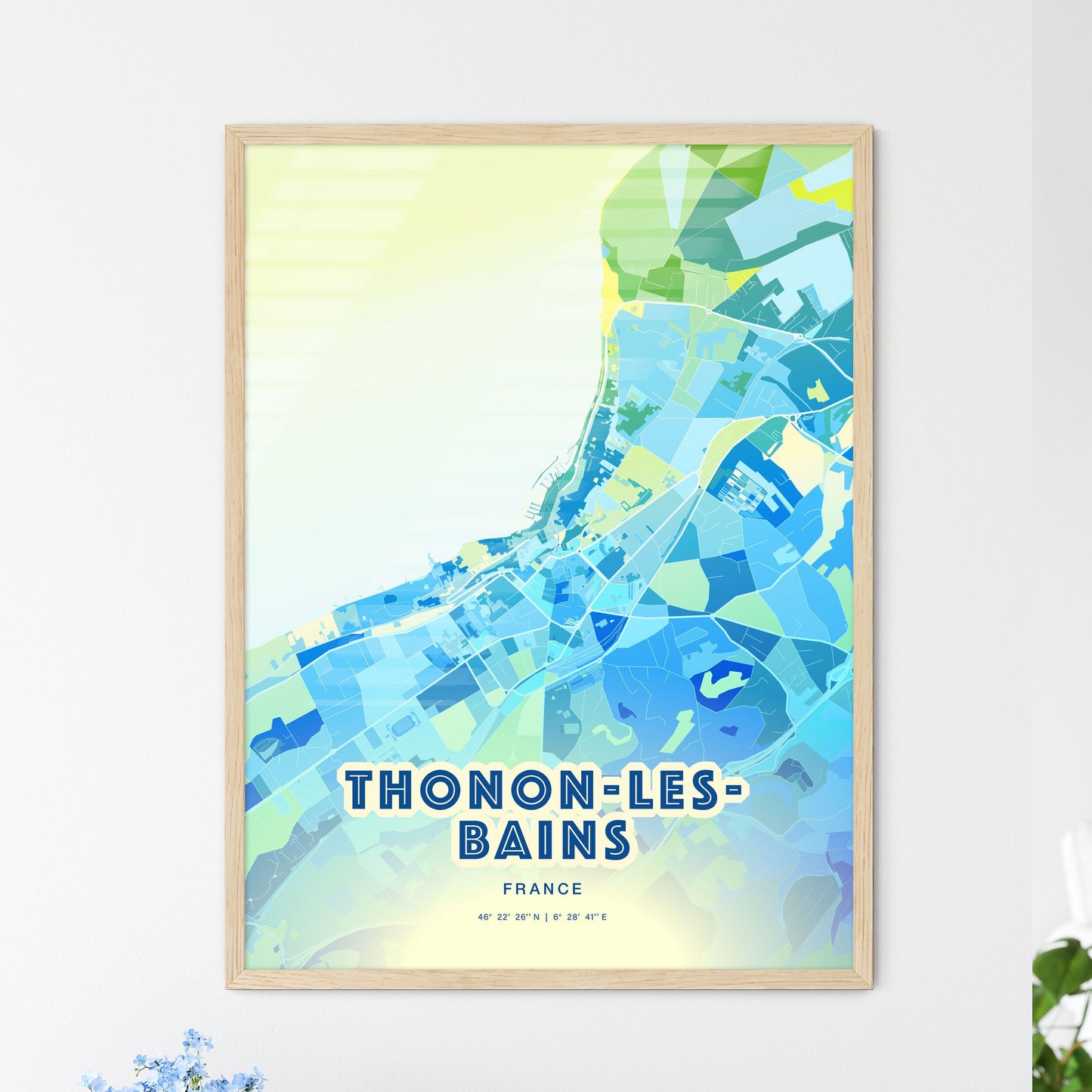 Colorful THONON-LES-BAINS FRANCE Fine Art Map Cool Blue