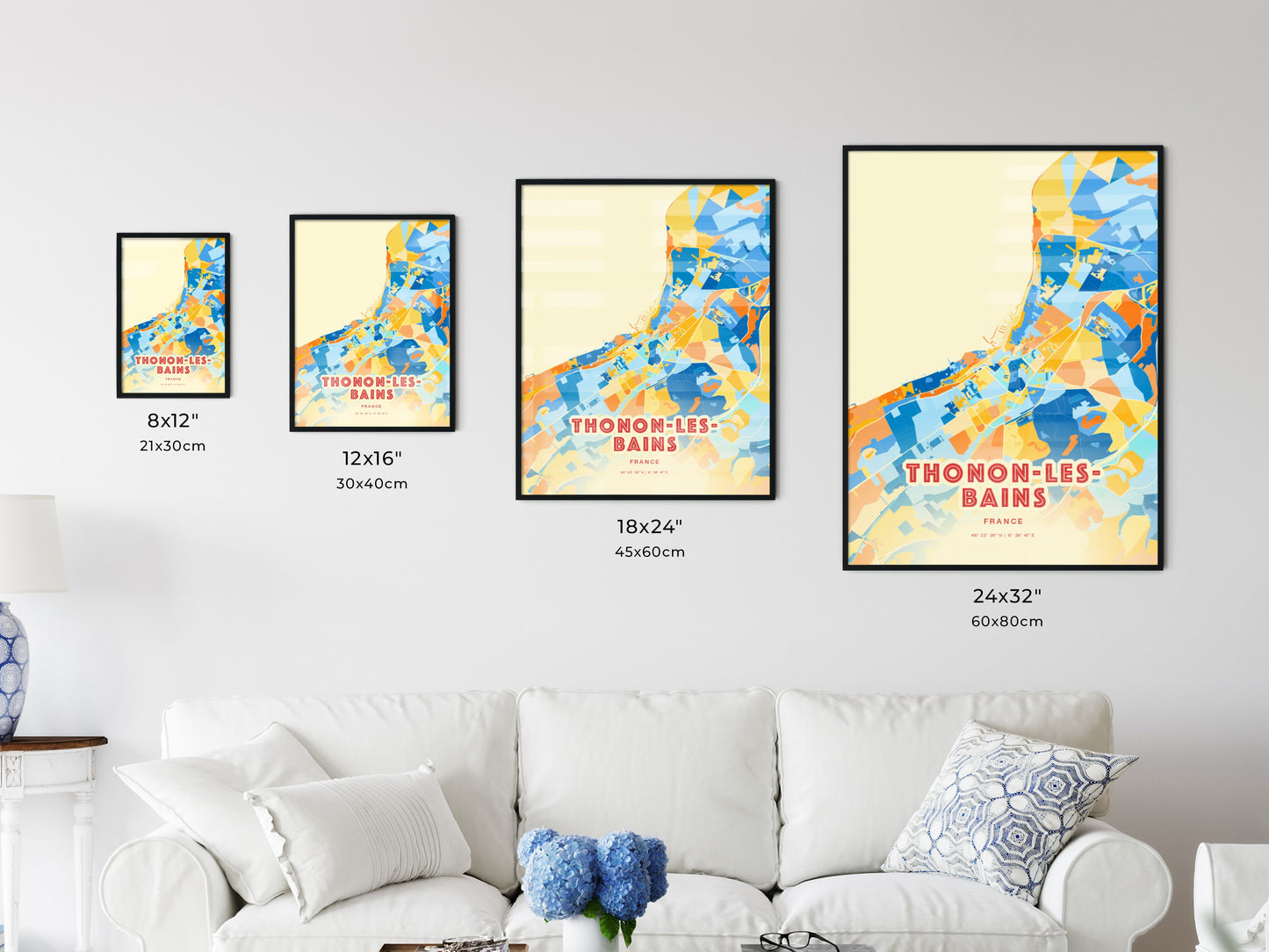 Colorful THONON-LES-BAINS FRANCE Fine Art Map Blue Orange