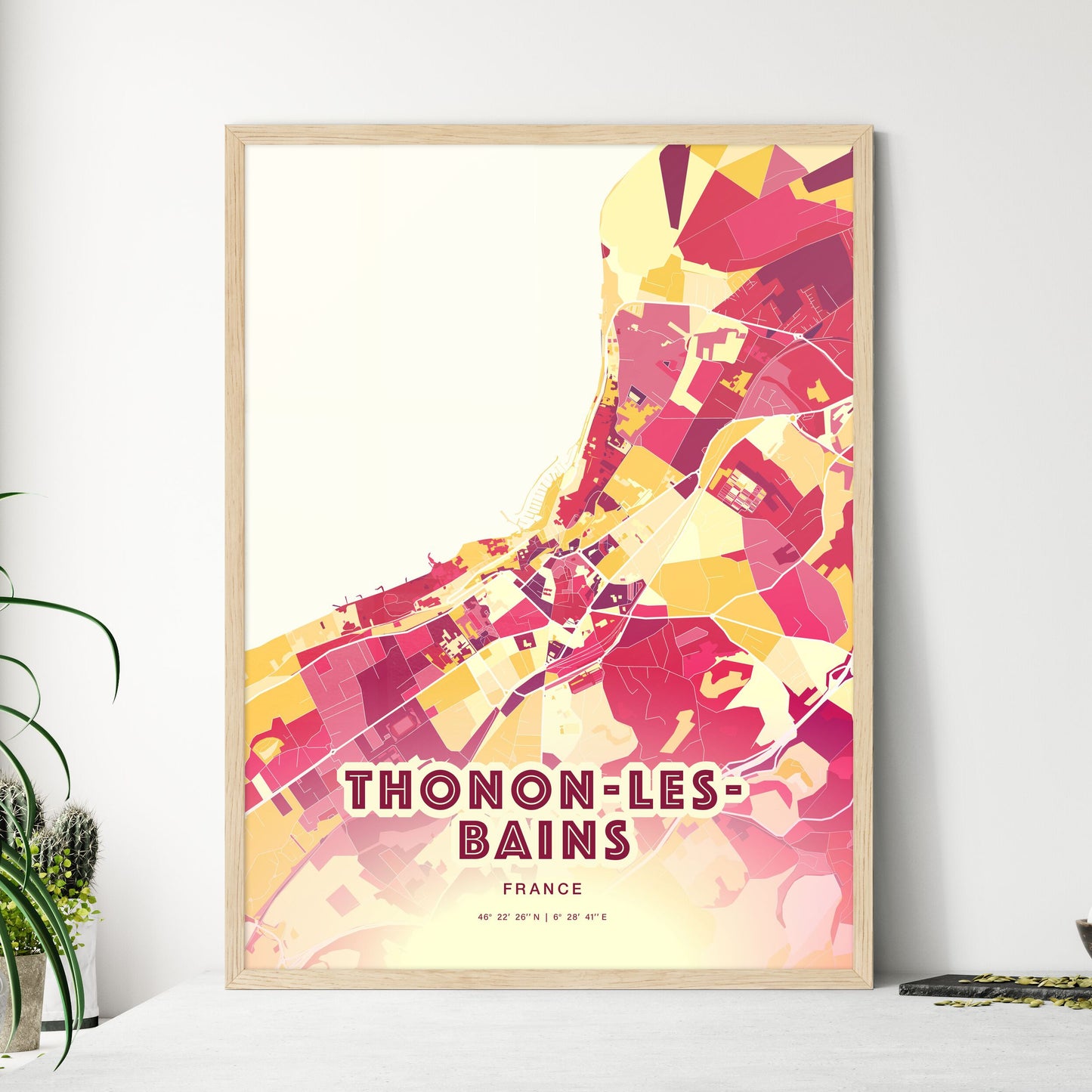 Colorful THONON-LES-BAINS FRANCE Fine Art Map Hot Red