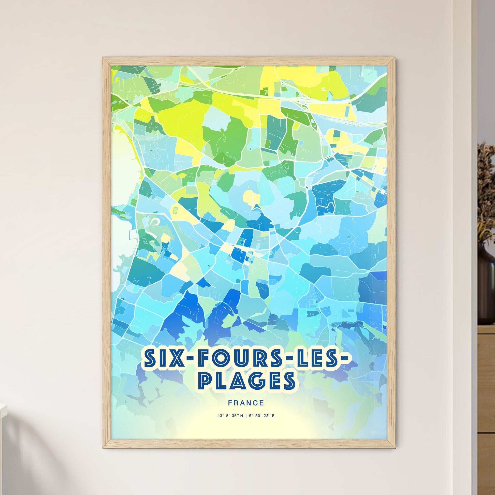 Colorful SIX-FOURS-LES-PLAGES FRANCE Fine Art Map Cool Blue