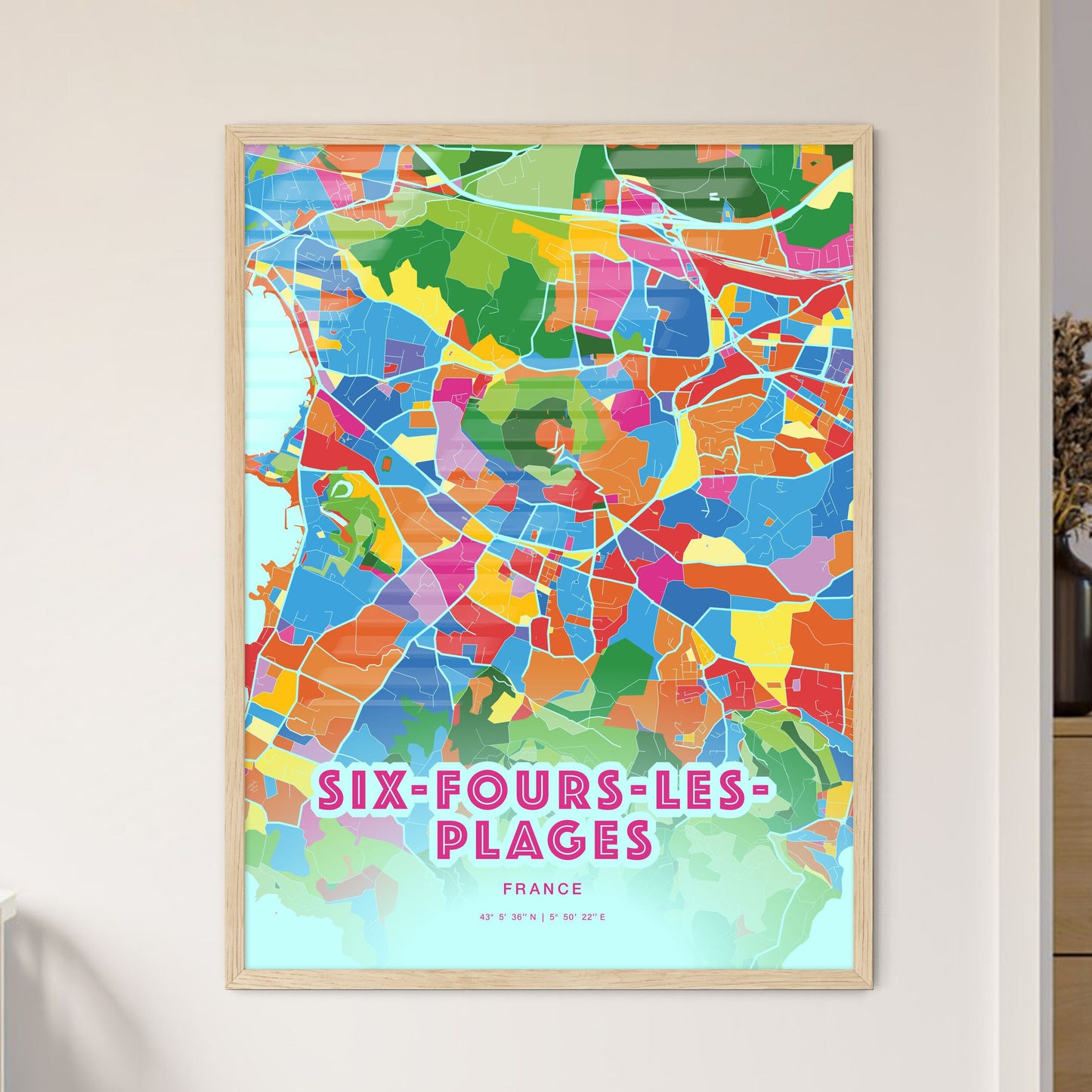 Colorful SIX-FOURS-LES-PLAGES FRANCE Fine Art Map Crazy Colors