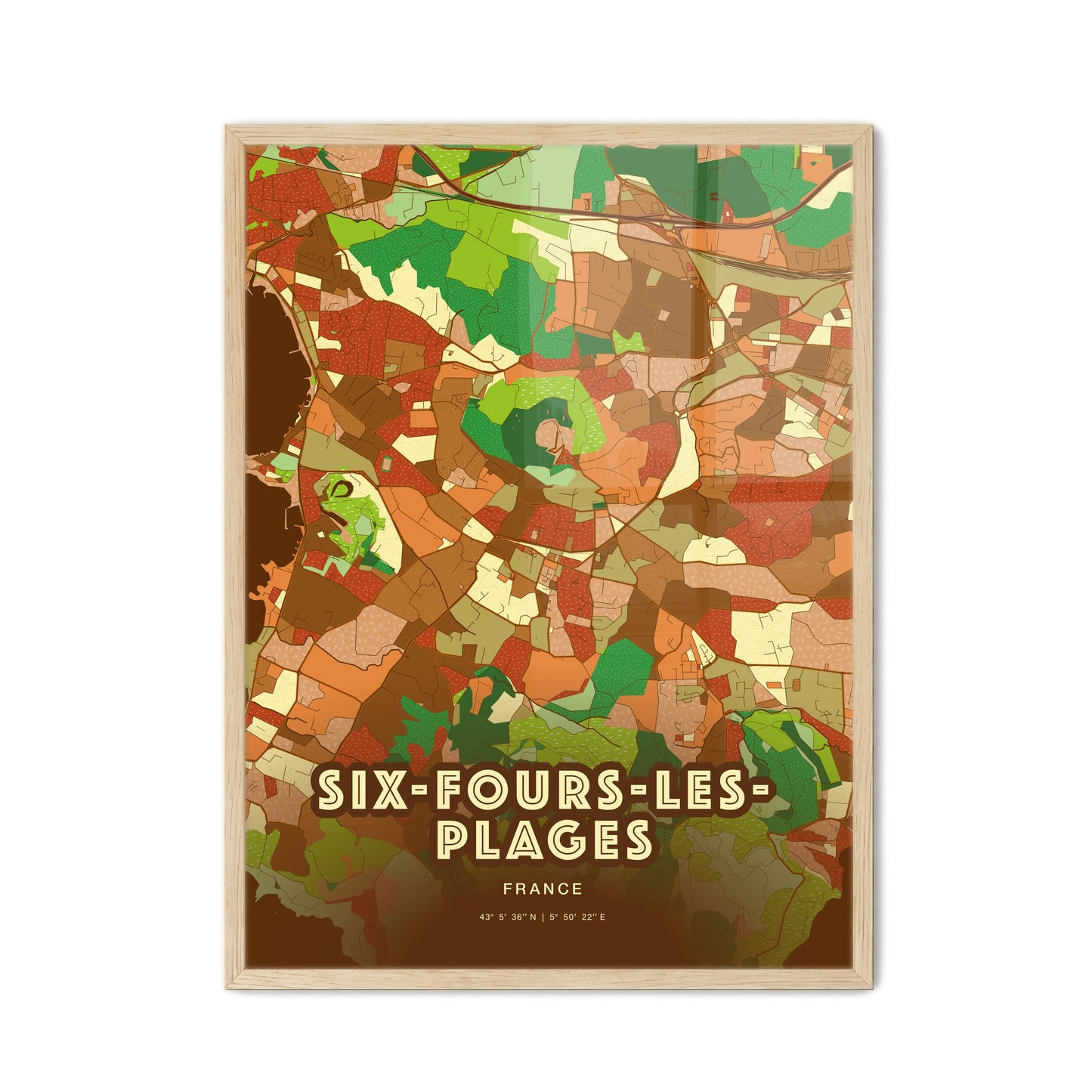 Colorful SIX-FOURS-LES-PLAGES FRANCE Fine Art Map Farmhouse