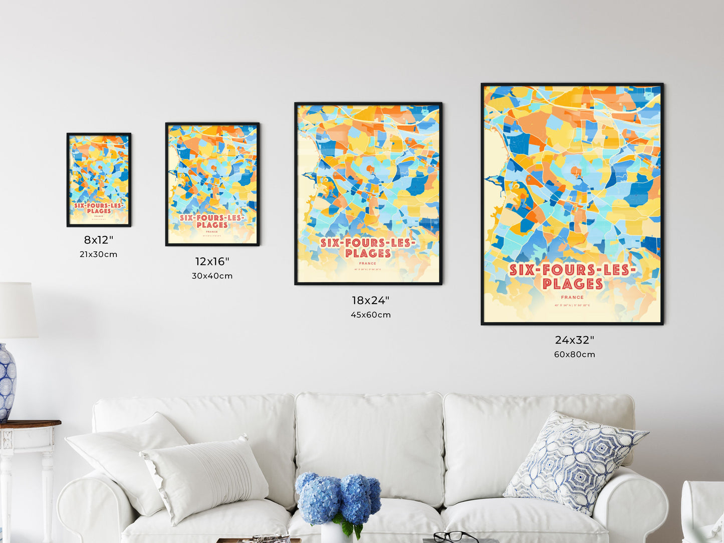 Colorful SIX-FOURS-LES-PLAGES FRANCE Fine Art Map Blue Orange