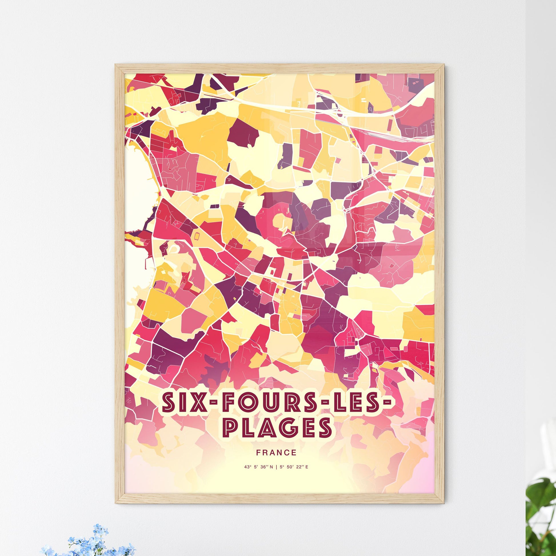 Colorful SIX-FOURS-LES-PLAGES FRANCE Fine Art Map Hot Red