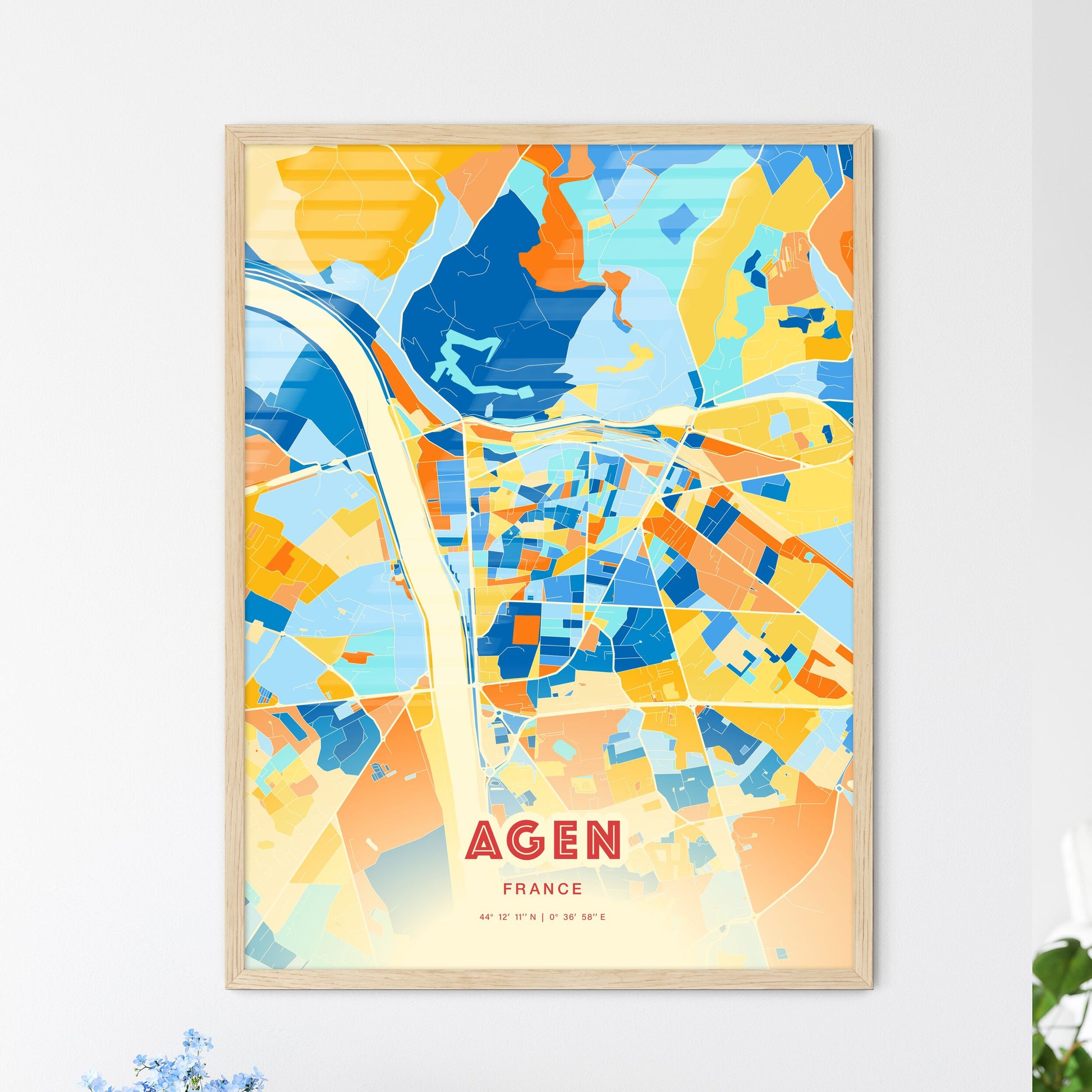 Colorful AGEN FRANCE Fine Art Map Blue Orange