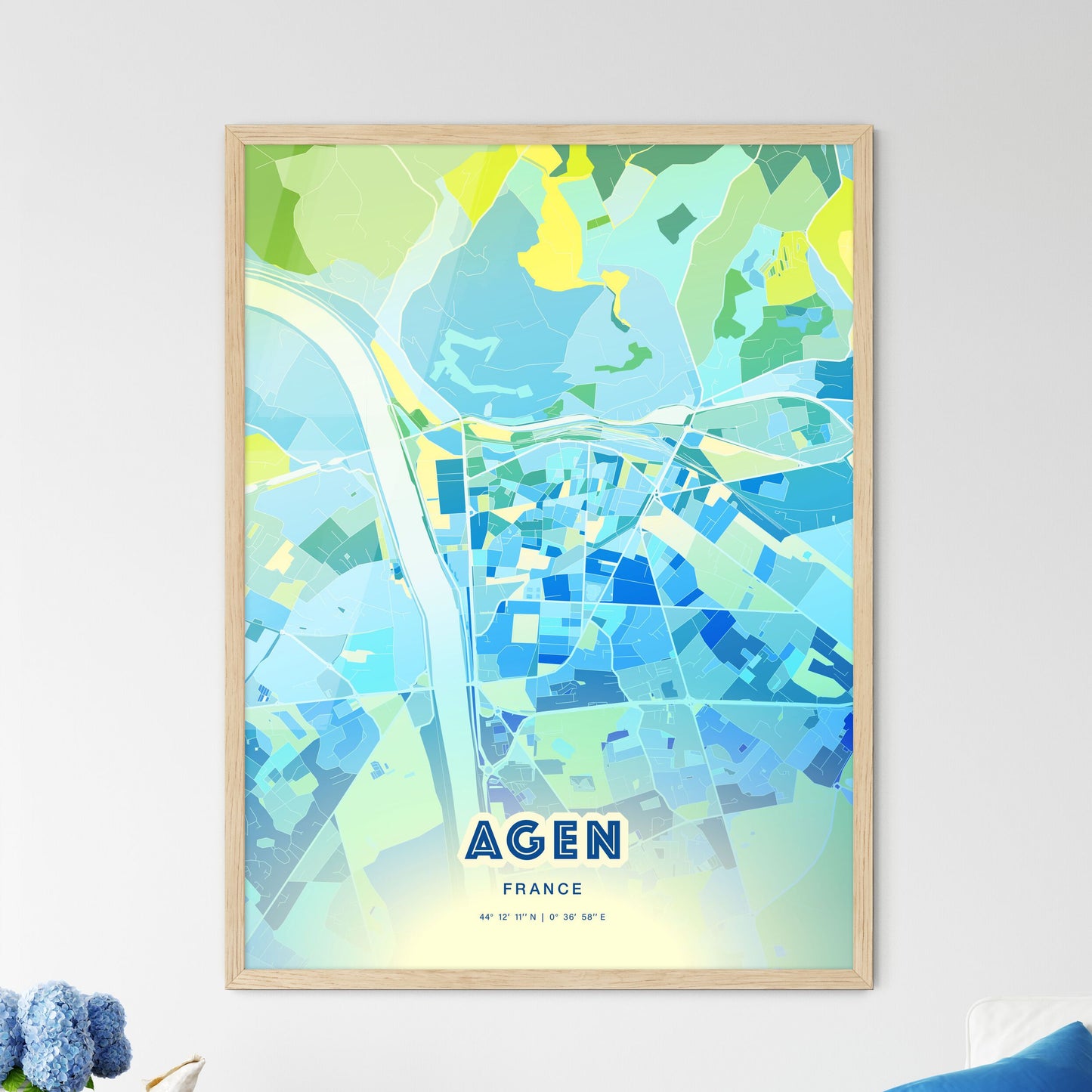 Colorful AGEN FRANCE Fine Art Map Cool Blue