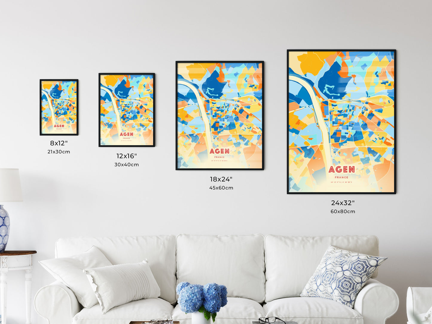 Colorful AGEN FRANCE Fine Art Map Blue Orange