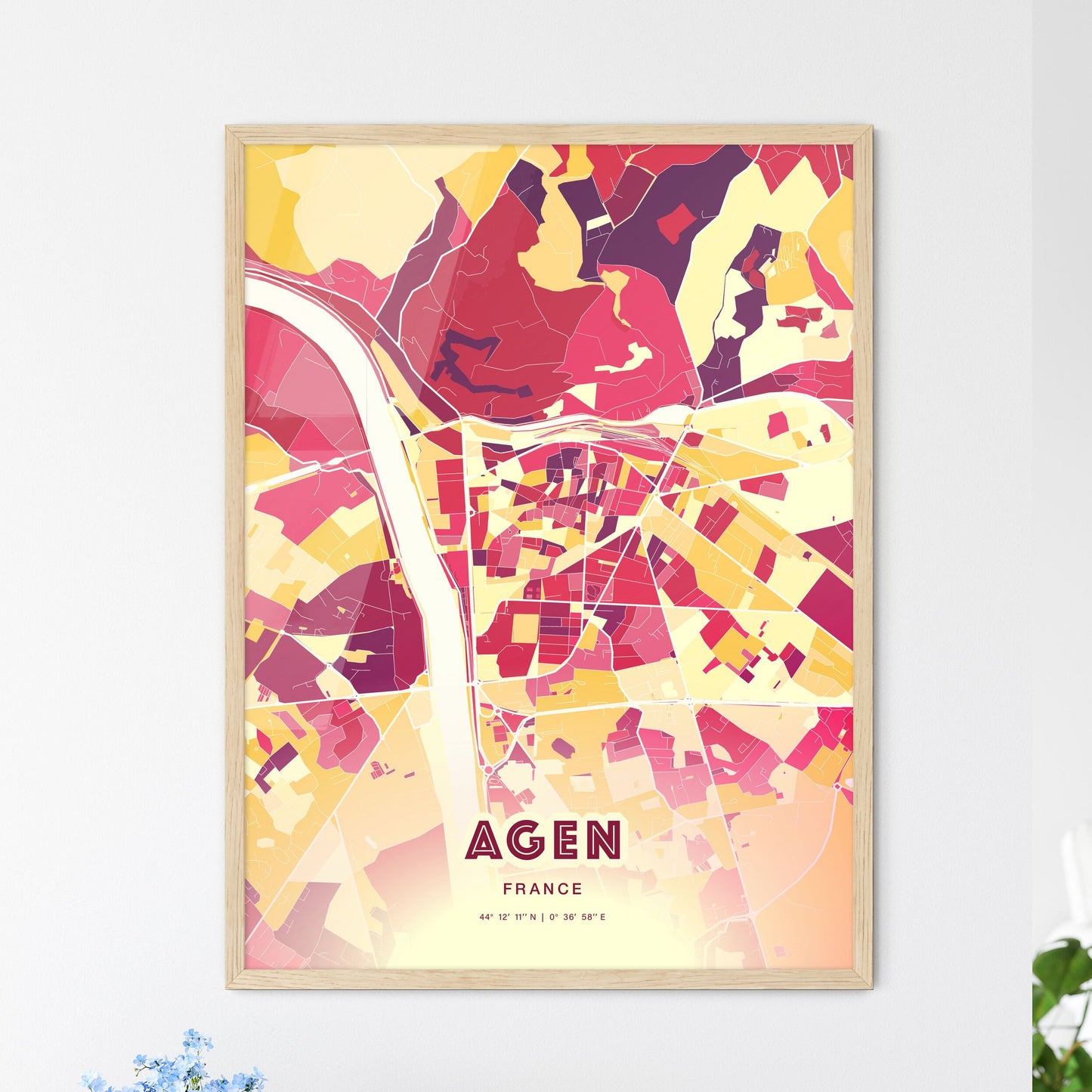 Colorful AGEN FRANCE Fine Art Map Hot Red