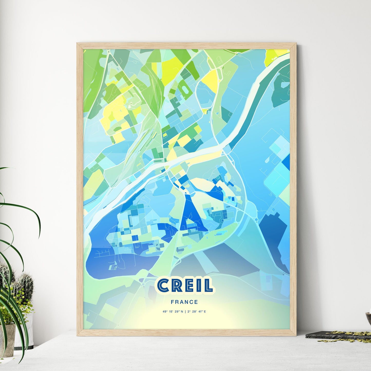 Colorful CREIL FRANCE Fine Art Map Cool Blue