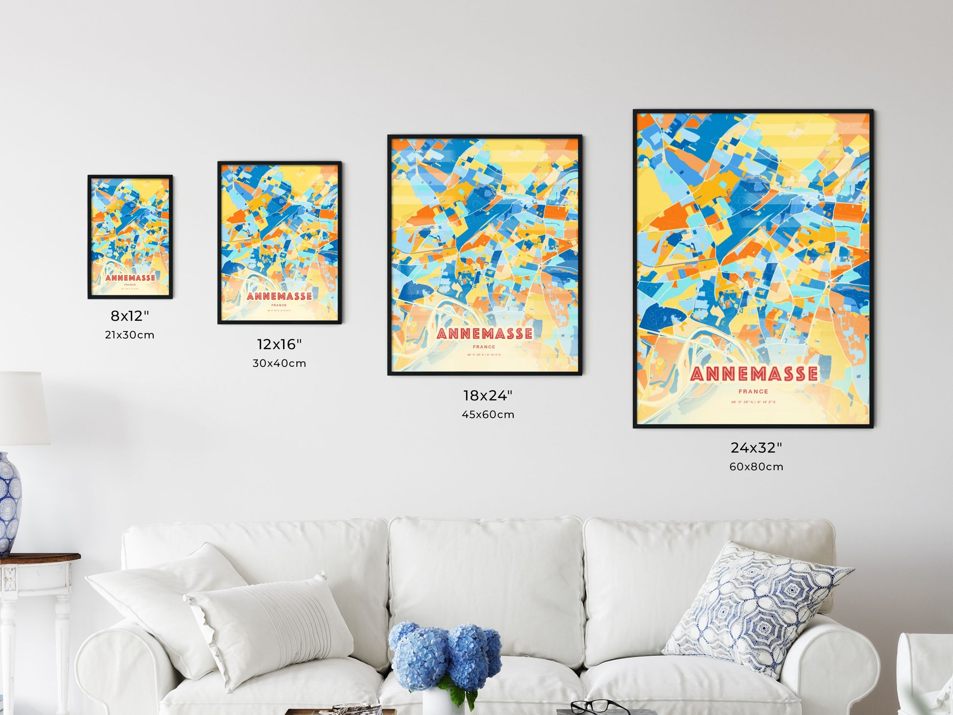 Colorful ANNEMASSE FRANCE Fine Art Map Blue Orange