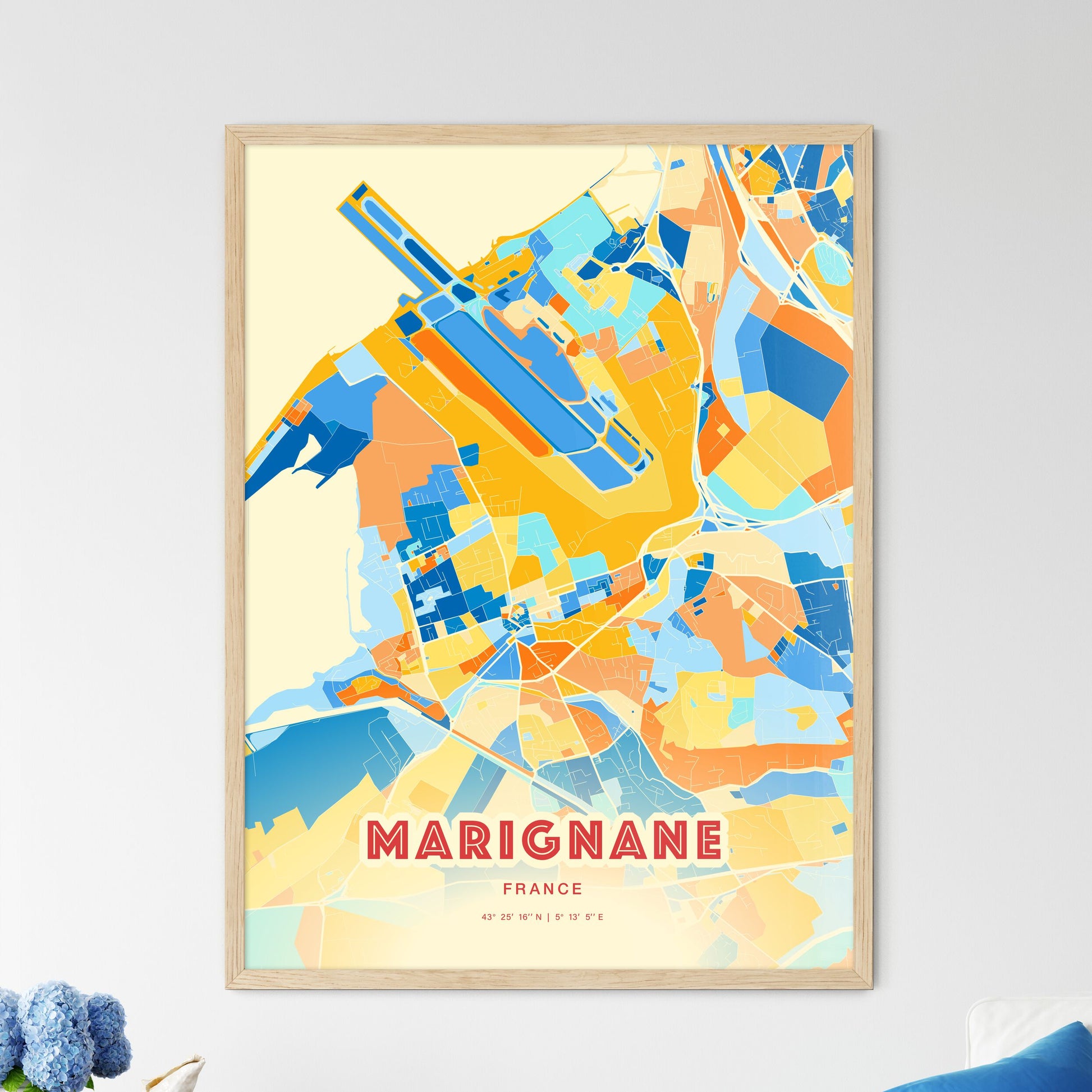 Colorful MARIGNANE FRANCE Fine Art Map Blue Orange