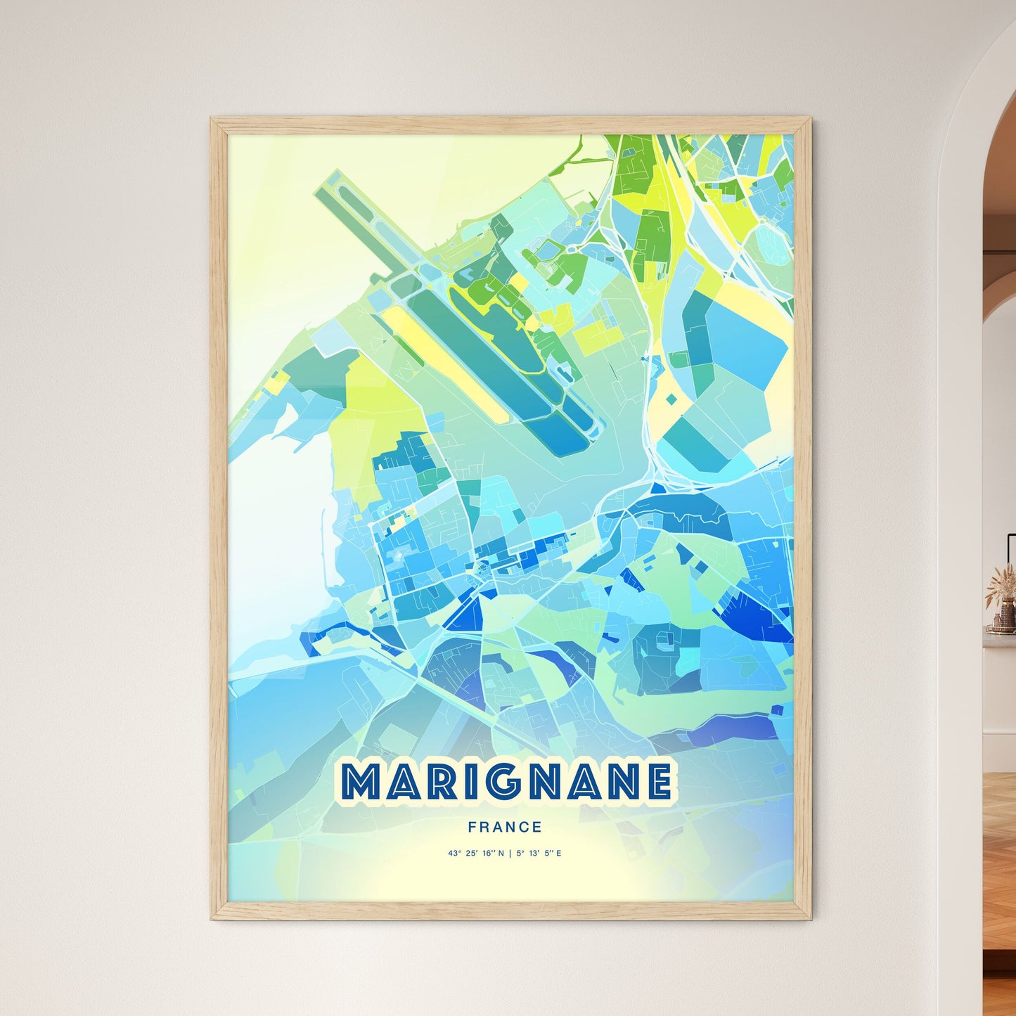 Colorful MARIGNANE FRANCE Fine Art Map Cool Blue