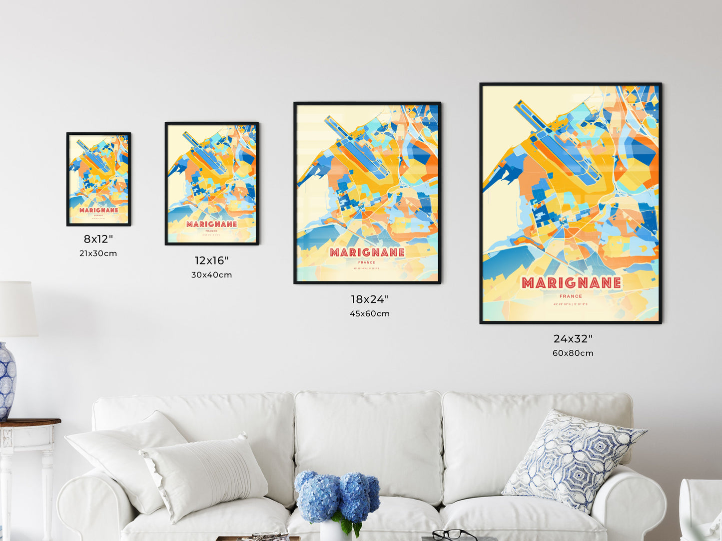 Colorful MARIGNANE FRANCE Fine Art Map Blue Orange