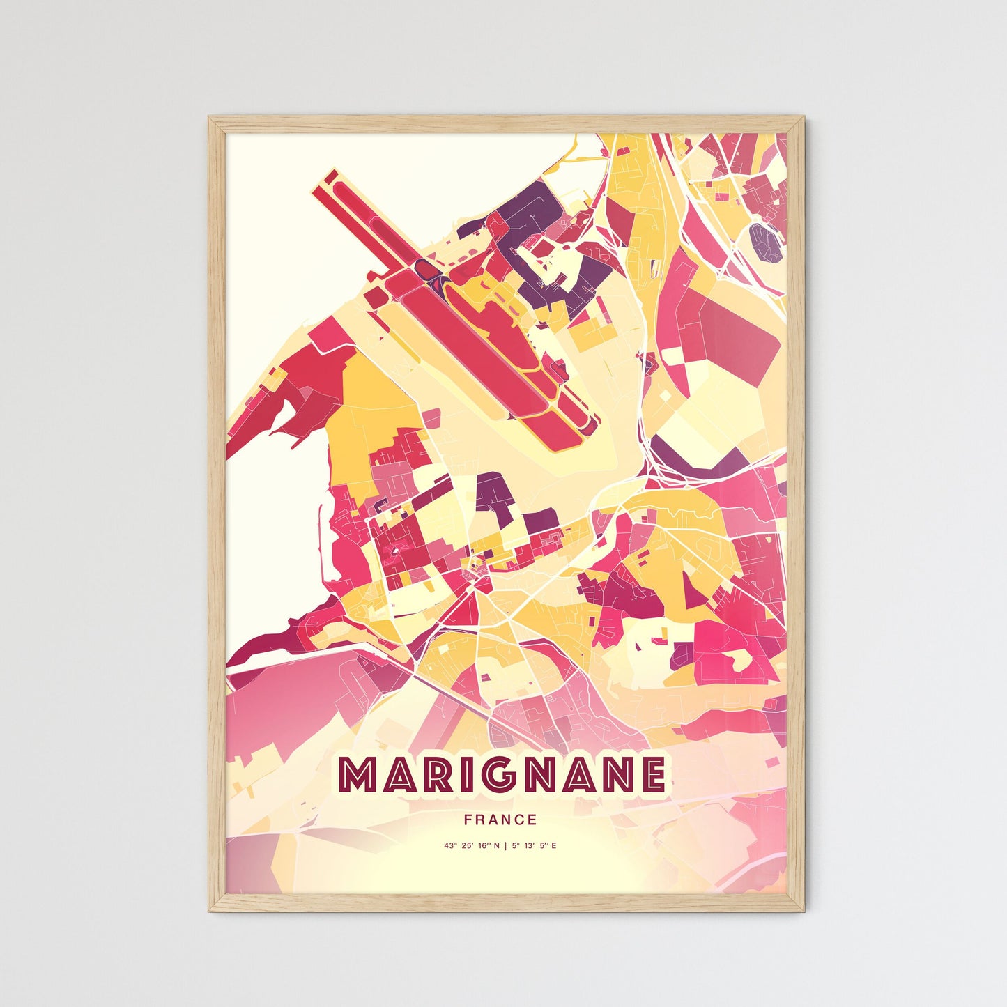 Colorful MARIGNANE FRANCE Fine Art Map Hot Red