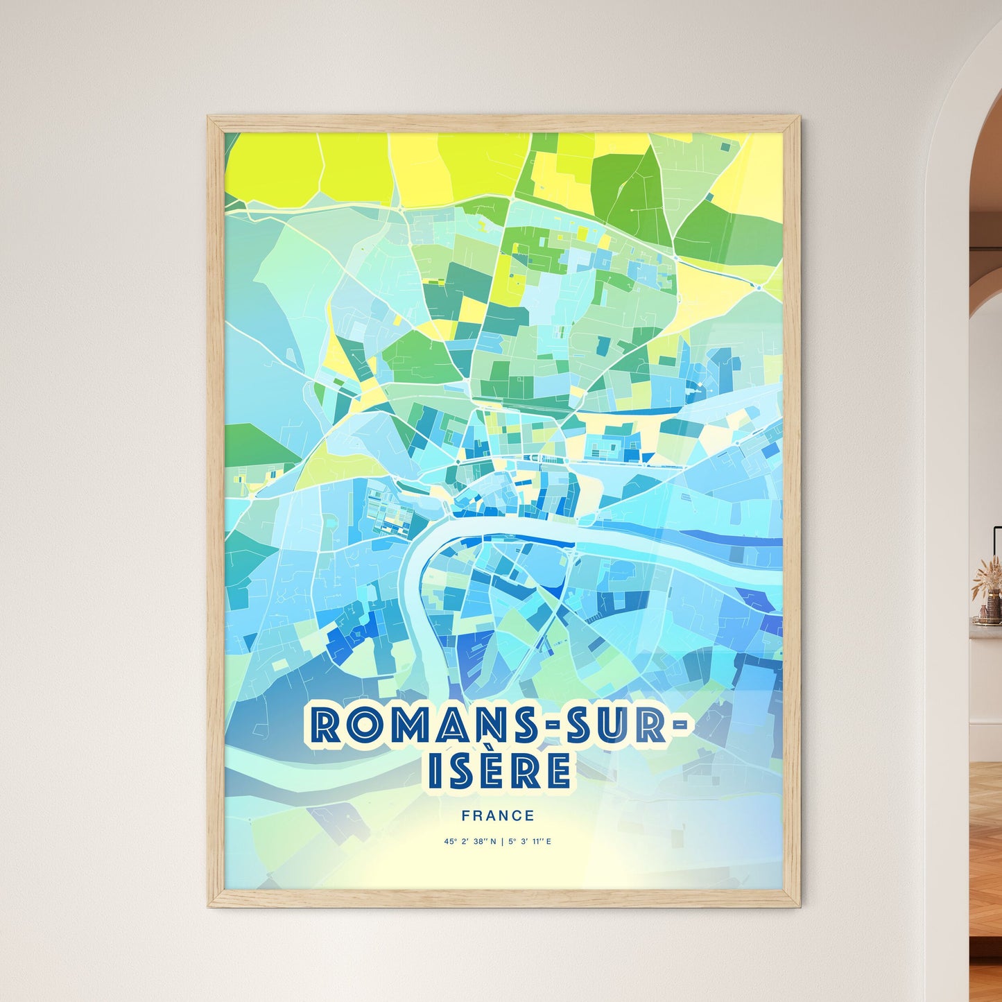 Colorful ROMANS-SUR-ISÈRE FRANCE Fine Art Map Cool Blue