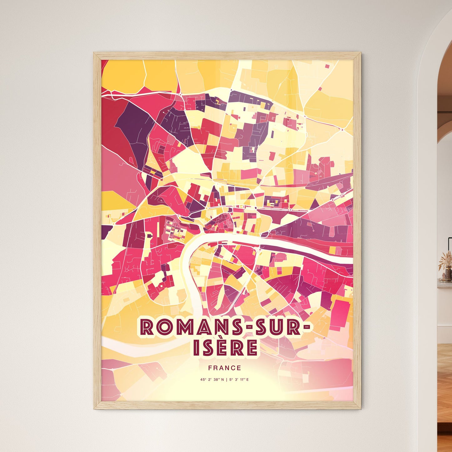 Colorful ROMANS-SUR-ISÈRE FRANCE Fine Art Map Hot Red