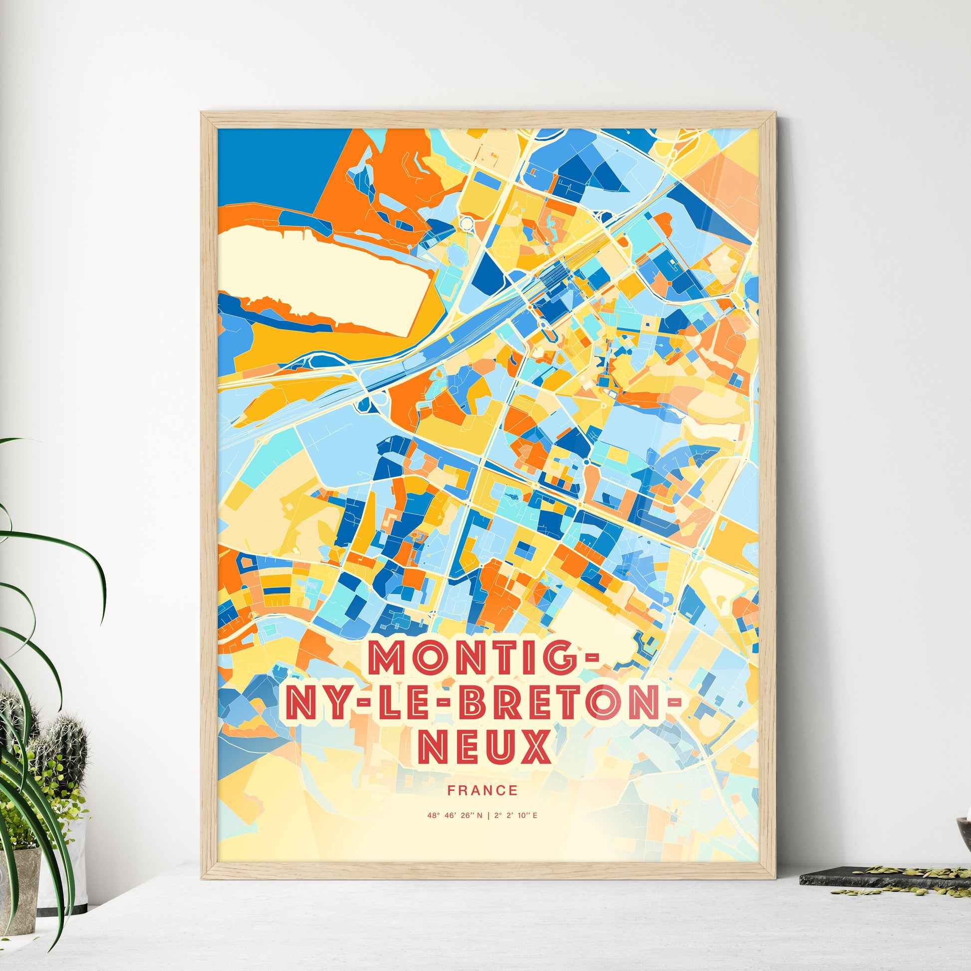 Colorful MONTIGNY-LE-BRETONNEUX FRANCE Fine Art Map Blue Orange