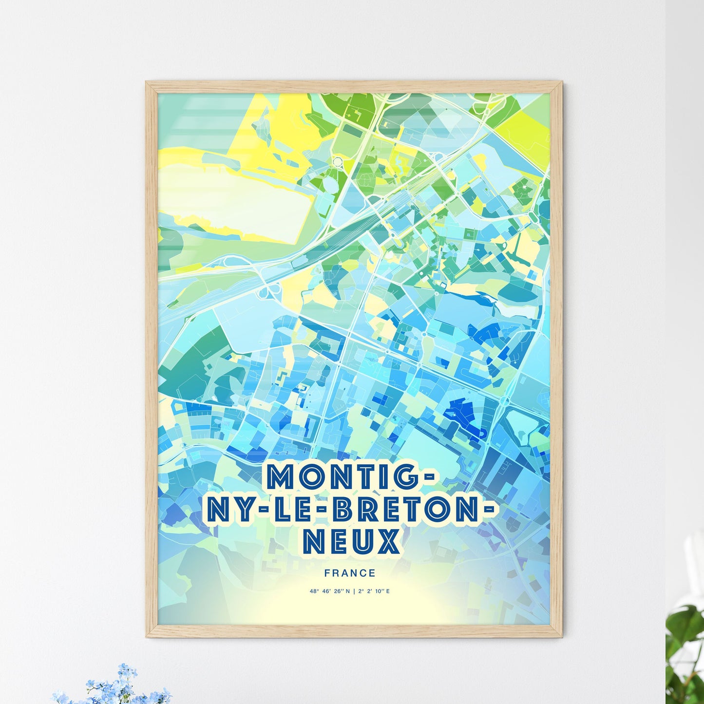 Colorful MONTIGNY-LE-BRETONNEUX FRANCE Fine Art Map Cool Blue