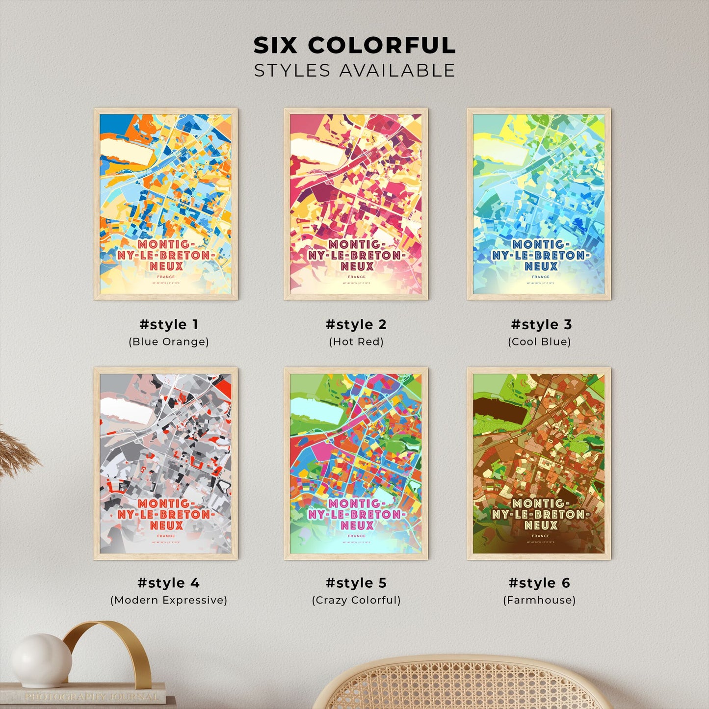 Colorful MONTIGNY-LE-BRETONNEUX FRANCE Fine Art Map Blue Orange