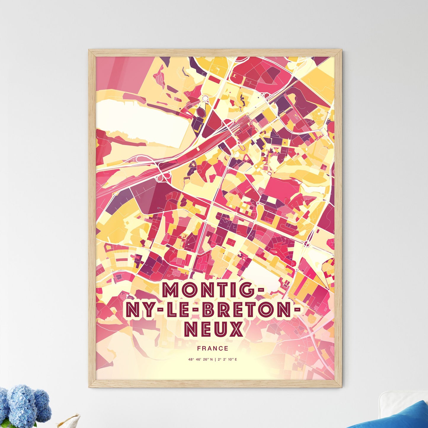 Colorful MONTIGNY-LE-BRETONNEUX FRANCE Fine Art Map Hot Red