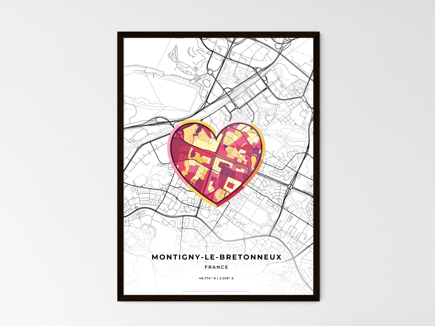 Montigny-Le-Bretonneux France wedding art map with heart icon