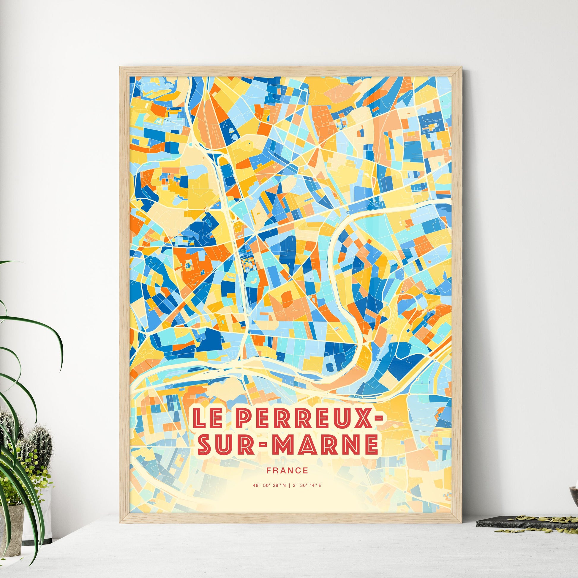 Colorful LE PERREUX-SUR-MARNE FRANCE Fine Art Map Blue Orange