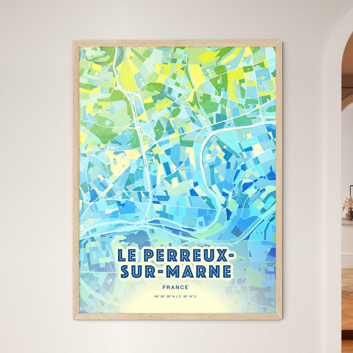 Colorful LE PERREUX-SUR-MARNE FRANCE Fine Art Map Cool Blue