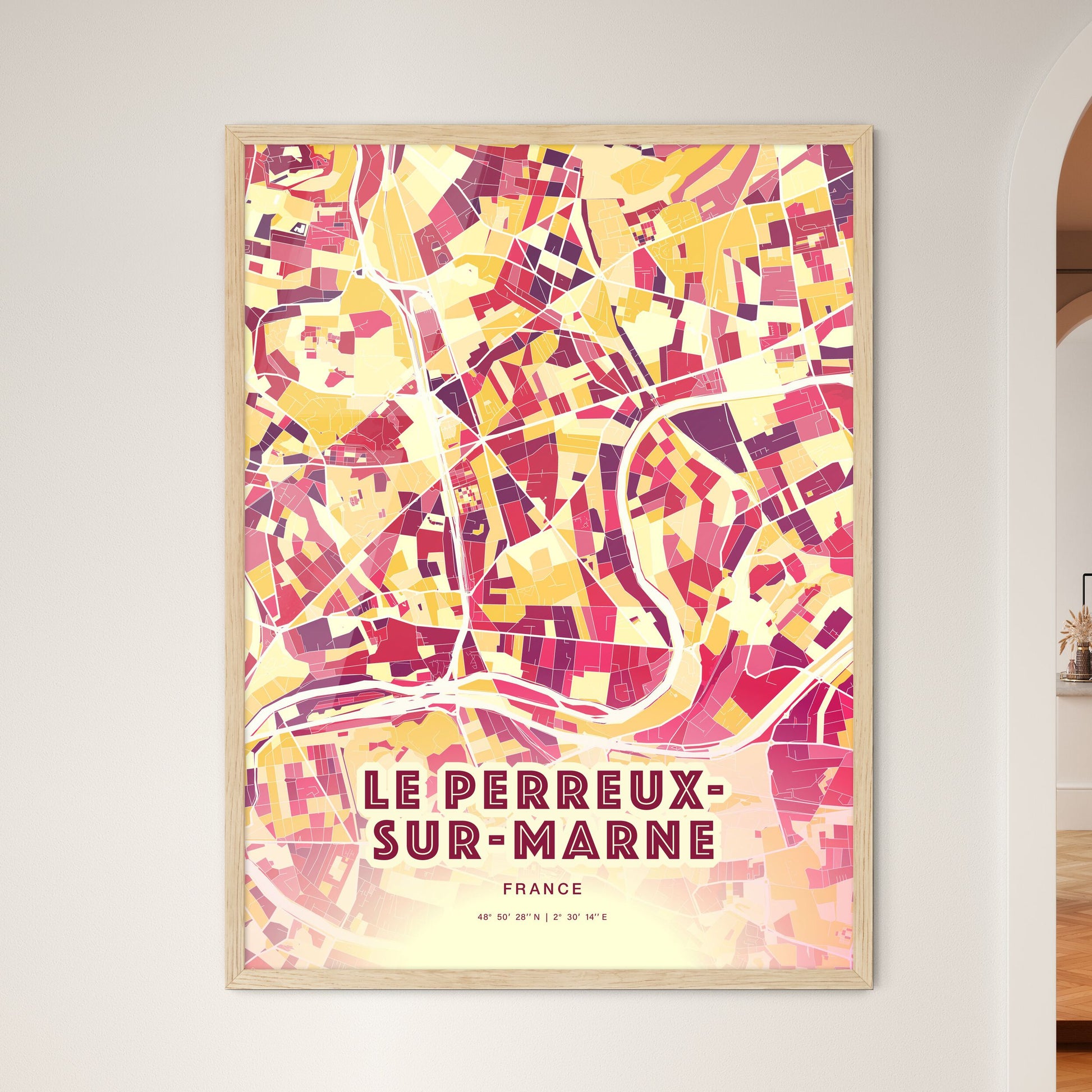 Colorful LE PERREUX-SUR-MARNE FRANCE Fine Art Map Hot Red