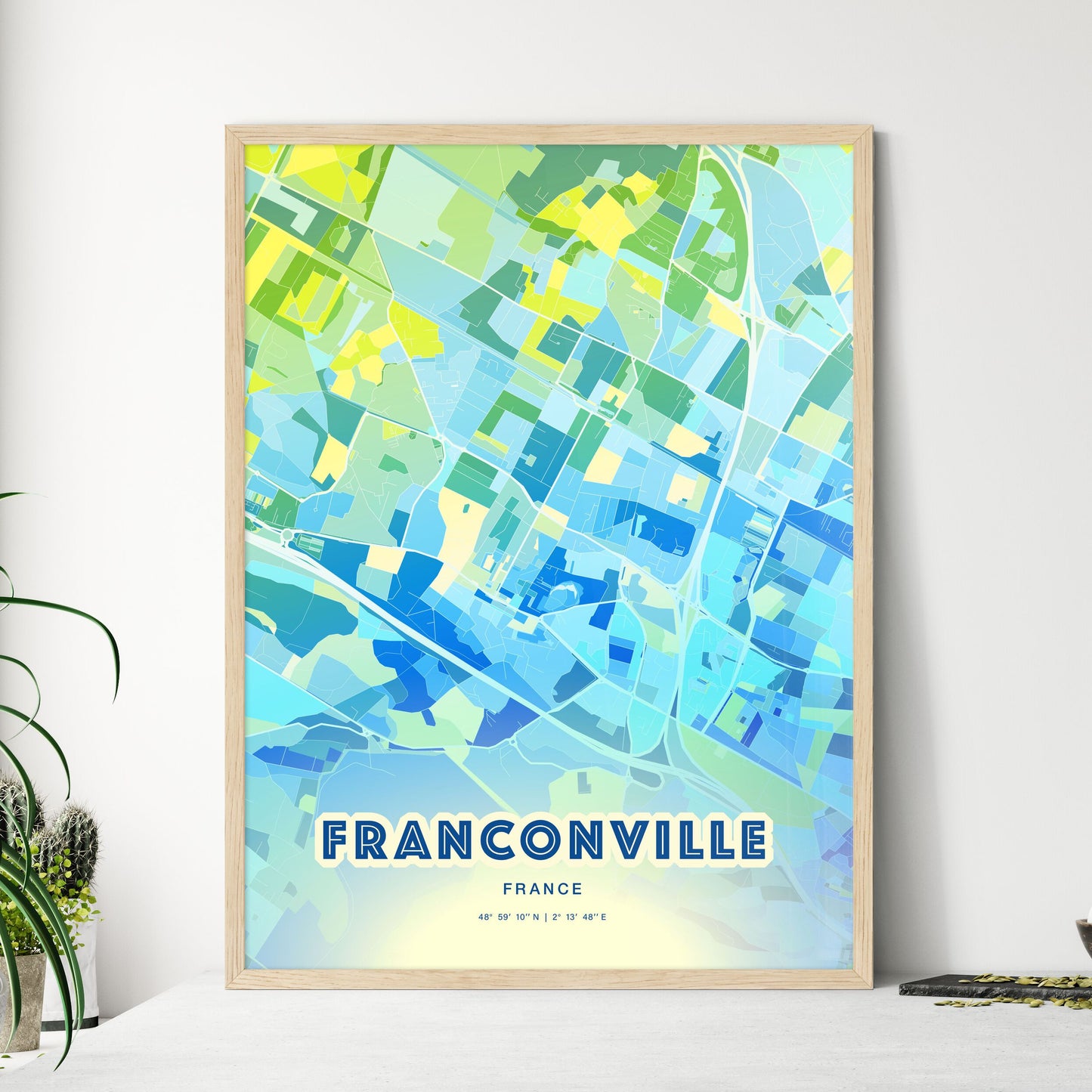 Colorful FRANCONVILLE FRANCE Fine Art Map Cool Blue