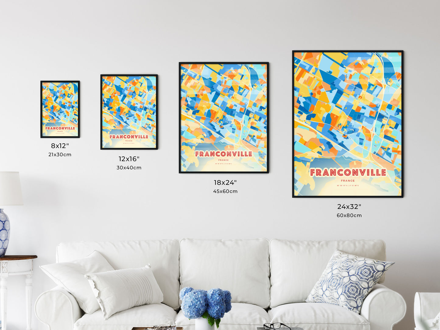 Colorful FRANCONVILLE FRANCE Fine Art Map Blue Orange